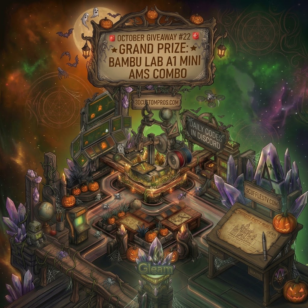 ScufflesTV's tweet photo. 🎃 OCTOBER SPOOKTACULAR GIVEAWAY #22 IS LIVE! 🦇

Upgrade your maker lair with a brand-new Bambu Lab A1 Mini + AMS Combo! 🖨️👻 Multi-color 3D printing magic awaits!

How to Enter:
1️⃣ Watch 50 hrs on Twitch (https://t.co/cDOTg5Epgz) — check with !watchtime
2️⃣ Join our Discord community
3️⃣ Lock in entries at https://t.co/iQr0rn5RA3

💎 PRO TIP: Secret Daily Bonus Codes drop inside Discord every day! Twitch Subs get 4x daily code drops to stack extra tickets!

#3DPrinting #BambuLab #Halloween #TechGiveaway #A1Mini #3DCustomPros #ScufflesTV
