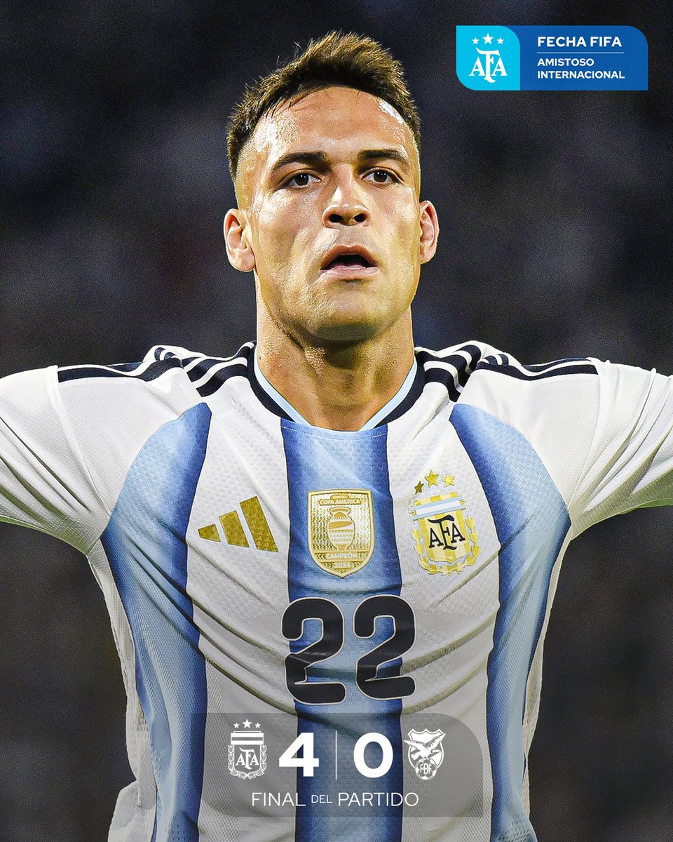 Argentina's tweet photo. #SelecciónMayor 
🗓 Amistoso Internacional

⚽️ #Argentina 🇦🇷 4 🆚 Bolivia 🇧🇴 0

⏱️Final del partido y ¡ganó la Scaloneta!

🗣️ Goles: Lautaro Martínez, Nico Paz, Cristian Romero y José López

📍 Estadio Mario Alberto Kempes https://t.co/4hPFsvdxAK