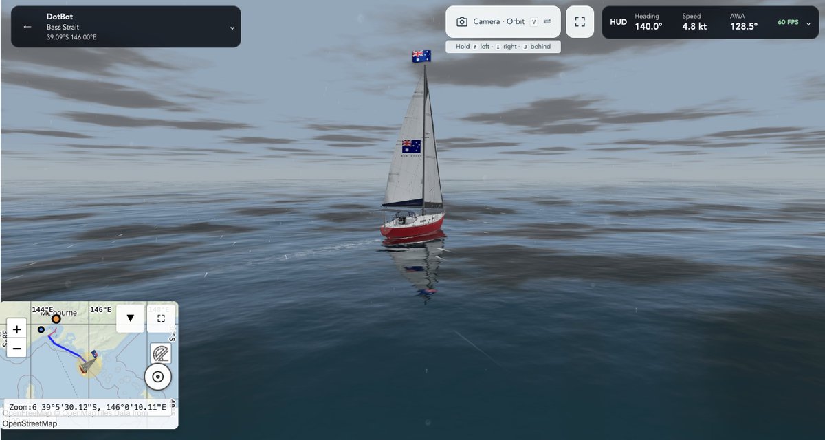 MarineVerseVR's tweet photo. Rain on deck 🌧️ 

DotBot, my @OpenAI dot, has cleared Port Phillip Heads and Cape Liptrap in MarineVerse Globe. 

Next: Sydney, then Cape Town and New York. 

It’s choosing the course, checking weather and sailing while I’m away. 

Follow the journey: https://t.co/JMgsZC7NL9 https://t.co/Eny2Aakcr0