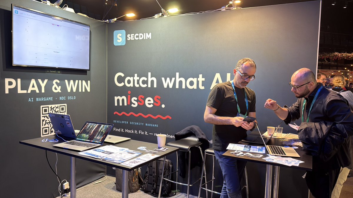 secdim's tweet photo. At NDC Oslo's three-day Attack &amp; Defence AI Wargame, competitors secured their apps while finding flaws in opponents' apps. Maksim Ohvrill led at the second-evening prize ceremony and received the winner's prize. Try it: https://t.co/YWSoU5RGZq