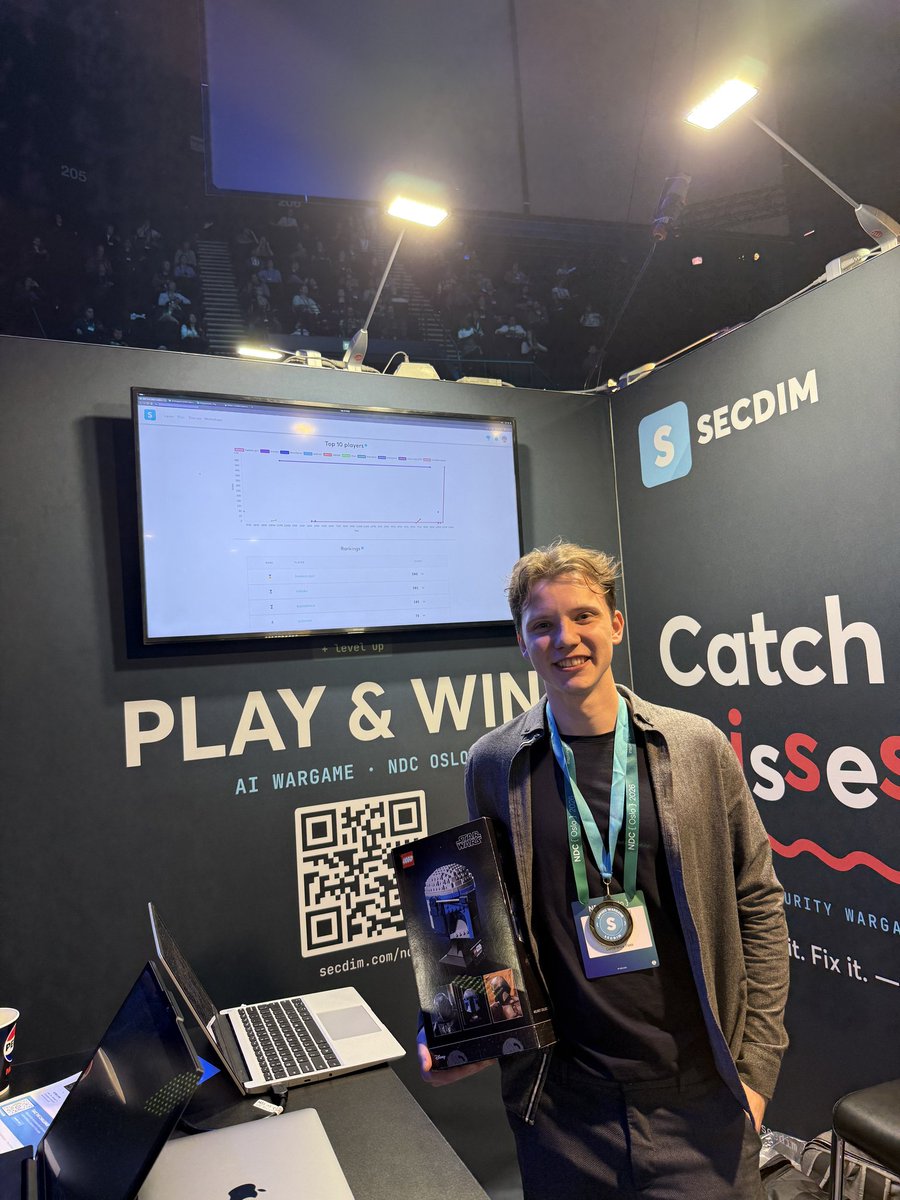 secdim's tweet photo. At NDC Oslo's three-day Attack &amp; Defence AI Wargame, competitors secured their apps while finding flaws in opponents' apps. Maksim Ohvrill led at the second-evening prize ceremony and received the winner's prize. Try it: https://t.co/YWSoU5RGZq