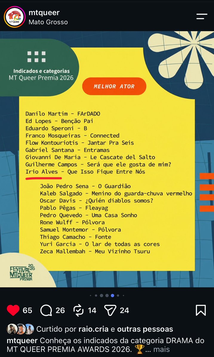 irioraro's tweet photo. Fui indicado a melhor ator de drama no MT Queer 2026, e esse é o tweet! 🥹❤️‍🔥 https://t.co/9ouITGusef