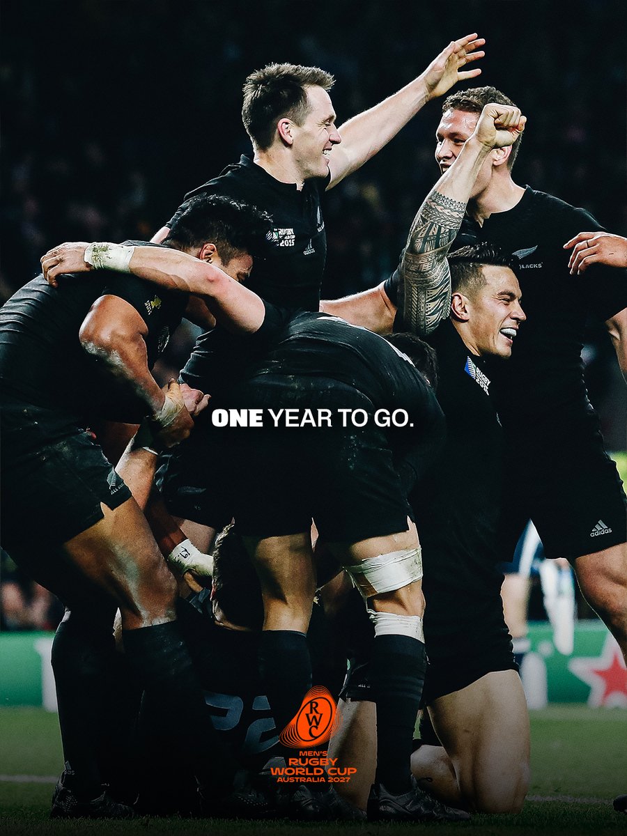 AllBlacks's tweet photo. 𝑶𝒏𝒆 𝒚𝒆𝒂𝒓 𝒕𝒐 𝒈𝒐... ⏳

365 days away from iconic @rugbyworldcup moments just like these. https://t.co/GfeXIwX7SM