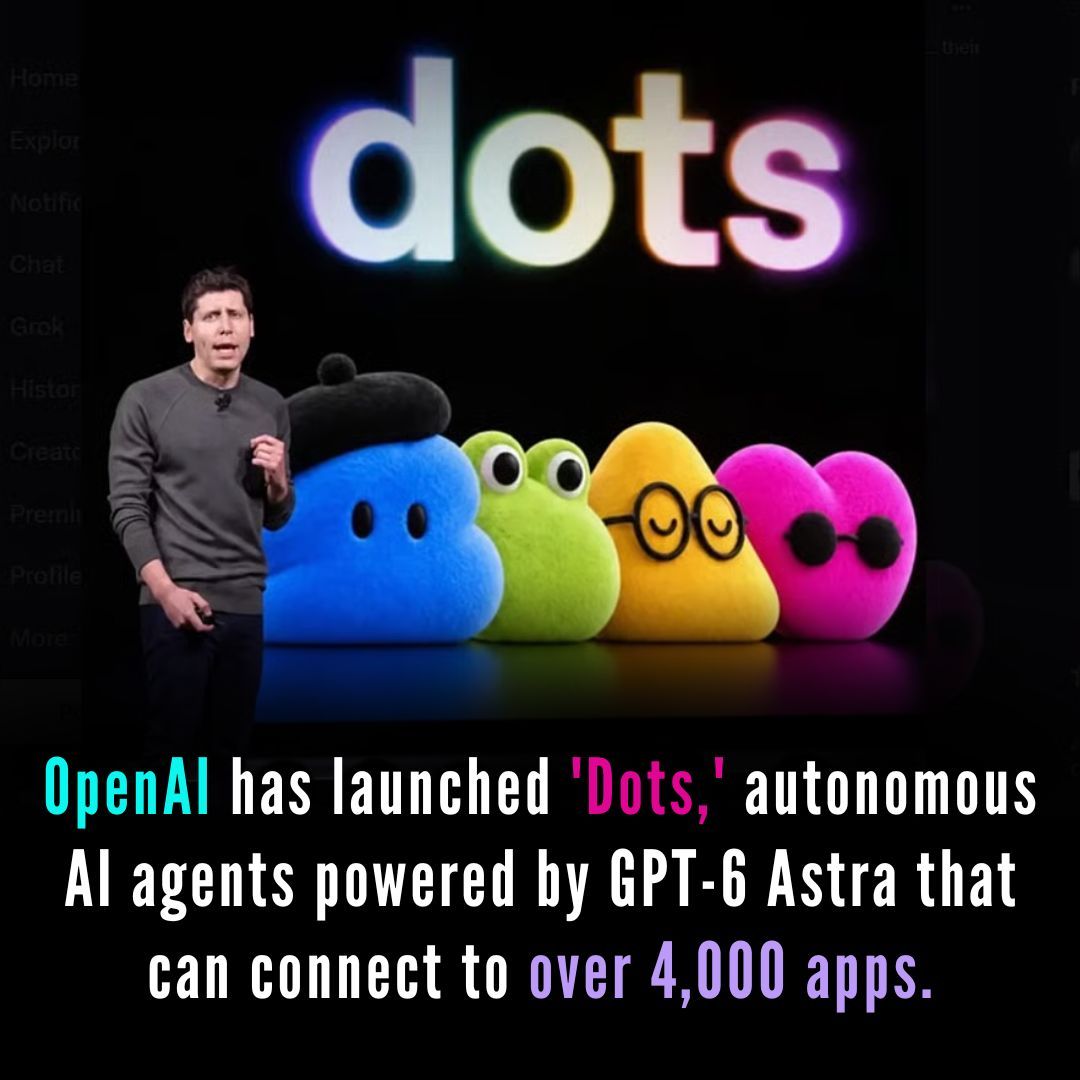 MrRookTalk's tweet photo. OpenAI has launched "Dots," 24/7 proactive agents running on GPT-6 Astra that operate their own cloud computers and connect to over 4,000 apps.
#OpenAI #OpenAIDots #ArtificialIntelligence #TechNews #AIAgents https://t.co/UjYVNVSfp3