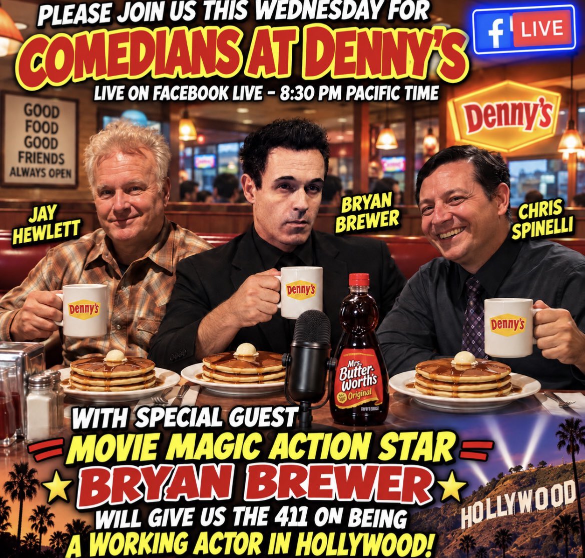 Dennyscomedians's tweet photo. #Tonight #podcast with #SpecialGuest #actor #BryanBrewer #FacebookLive #entertainment #comedytalk #actingtalk #Hollywood #HollywoodEntertainment #coffee #pancakes #Wednesday #WednesdayVibes @realjayhewlett @chrisspinelli2 https://t.co/MtblBJUxOd