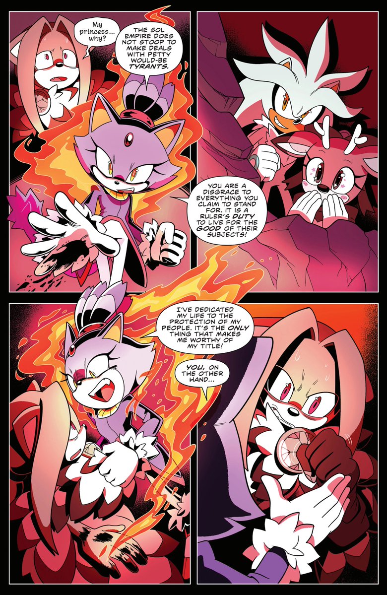 streak_of_blue's tweet photo. I dont care what people will say. Blaze was great in this issue. She distracted Blackwood, she left a trail for Silver to follow, she stood up for not just herself, but her entire empire, and got a got hit in on Blackwood.

idk how anyone can see this as a bad portrayal. https://t.co/9sBMWRWtKA