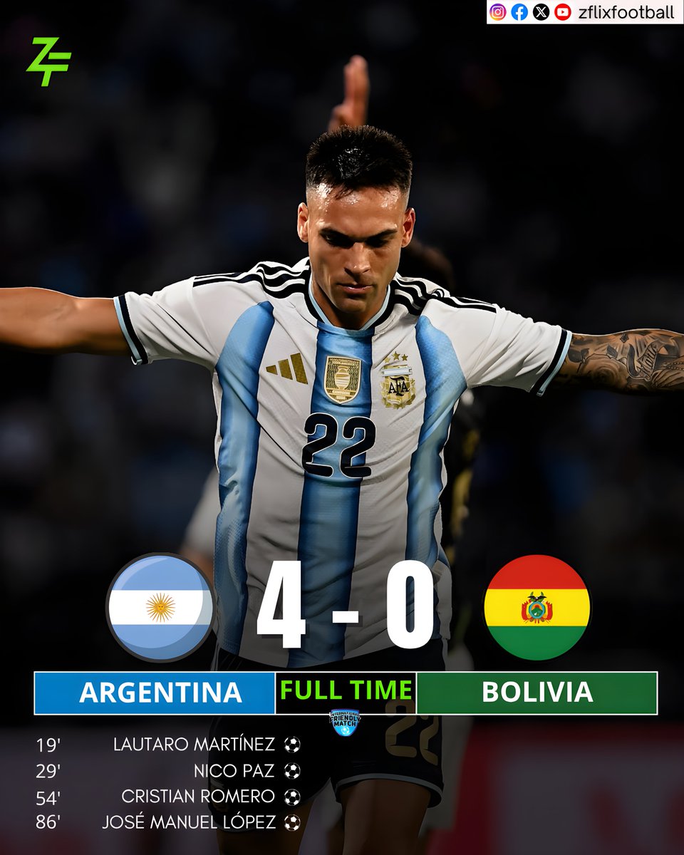 zflixfootball's tweet photo. 🇦🇷 Argentina 4-0 Bolivia 🇧🇴 (International Friendly)
⏰ 19' Lautaro Martinez ⚽️
⏰ 29' Nico Paz ⚽️
⏰ 54' Cristian Romero ⚽️
⏰ 86' José Manuel López ⚽️
—
#Argentina #Bolivia #FriendlyMatch #LionelMessi #zflixfootball https://t.co/WLnmjKEwBk