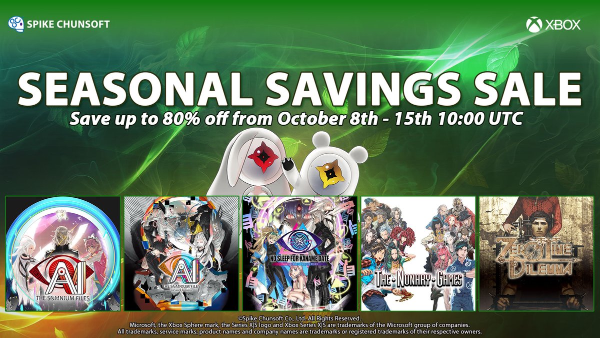 SpikeChunsoft_e's tweet photo. Xbox Seasonal Savings start NOW! 😱

Save up to 80% on select titles from the AI: THE SOMNIUM FILES and Zero Escape series until October 15th 👀

Link in the replies 👇 https://t.co/hcNuToXRie