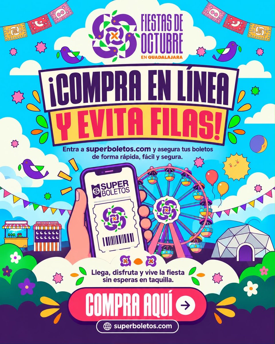 SuperboletosMx's tweet photo. ¡COMPRA EN LÍNEA Y EVITA LAS FILAS!🎟️🎡

Adquiere tus entradas para las @octubrefiestas en Guadalajara en nuestra app o página de https://t.co/Qwe7Lr3cC2 🎡🤩 https://t.co/qubi6VMZGu