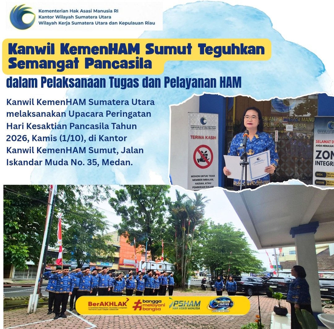 Kemenham_Sumut's tweet photo. Kanwil KemenHAM Sumut Teguhkan Semangat Pancasila dalam Pelaksanaan Tugas dan Pelayanan HAM https://t.co/fXIsqnRN9r