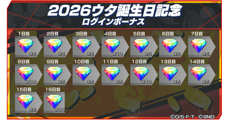 OPBR_official's tweet photo. 【2026ウタ誕生日記念ログインボーナス】

虹のダイヤを合計100個獲得可能なログインボーナス開催😆
毎日欠かさずログインしてゲットしよう！

#バウンティラッシュ
#ONEPIECE https://t.co/XLFNMYnv92