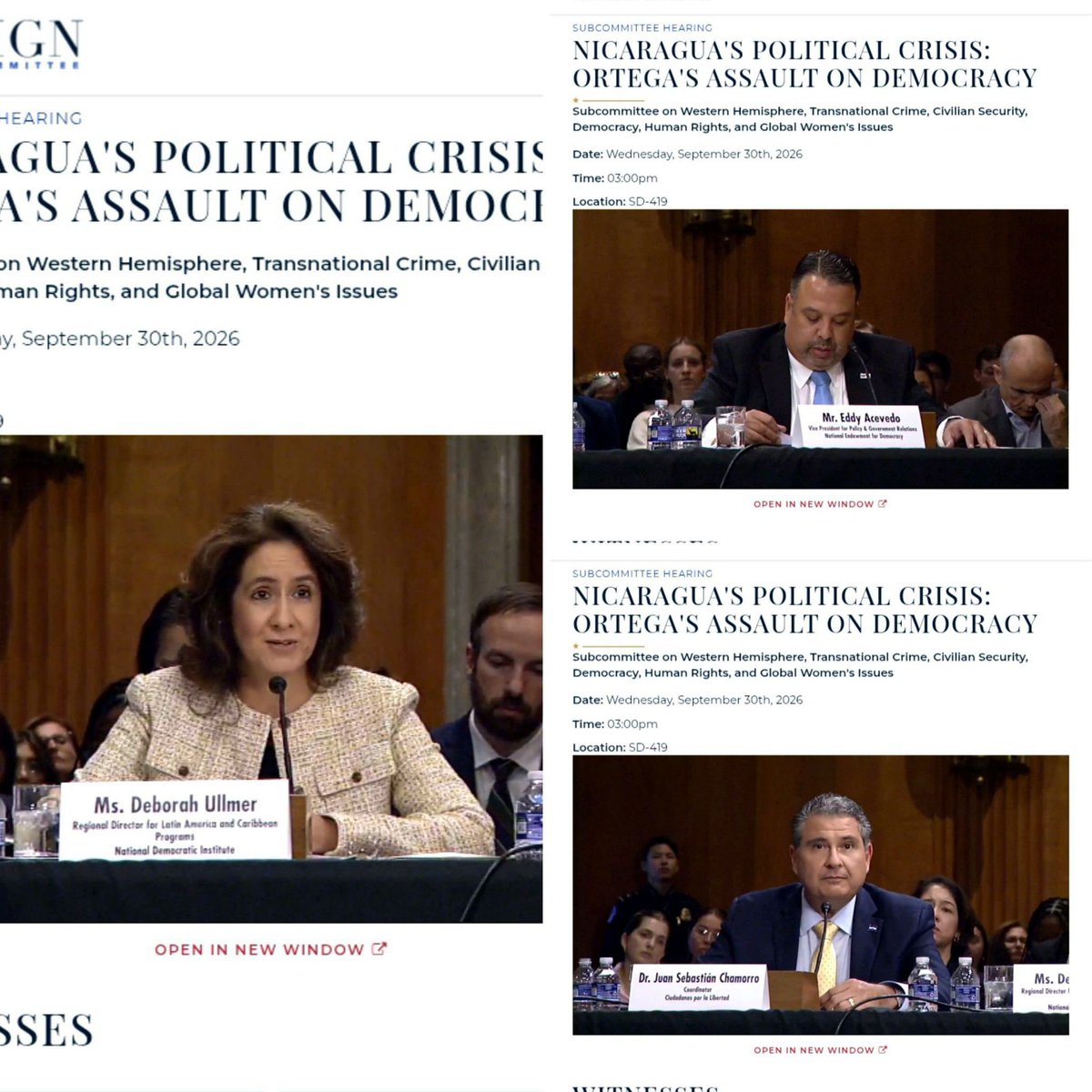 LaRealNica's tweet photo. ♻️ POR QUÉ SIEMPRE LOS MISMOS ⁉️

A propósito de la AUDIENCIA de hoy en el Senado ... 

Es casualidad que siempre sean los mismos los "seleccionados" para estas audiencias y foros en Washington? O es otra cosa?

Hoy otra Audiencia en Washington sobre Nicaragua. No es la primera y no creo que sea la última. 

Tampoco es la primera donde participan de testigos Deborah Ullmer y Juan Sebastián Chamorro. 
El 22 de marzo de 2023, en audiencia de la Cámara sobre Nicaragua, también testificaron junto a Félix Maradiaga.

En la foto de esa mesa, junto a Maradiaga, aparece también acompañando Berta Valle, su esposa y socia. No fue testigo oficial ese día, pero sí es parte del mismo circuito. Berta está en la directiva de Fundación Libertad y en su consultora CivicBridge Consulting (son de ambos). 

Hoy vimos también, otra vez, a Ullmer y Chamorro. Volvieron a ser testigos. Y aunque Maradiaga no estuvo hoy en el panel, el circuito sigue siendo el mismo: NED/NDI + IEEPP/Expediente + Fundación Libertad + Chamorro (FLED + FUNIDES). 

Ullmer, además, ya había testificado sobre Nicaragua en noviembre 2023. 
Y ahora se suma Acevedo (común denominador), Vicepresidente del NED.

LOS TESTIGOS DE HOY:

☆ Sobre Eddy Acevedo ya he publicado: Trabajó con Ileana Ros-Lehtinen, luego con Mark Green (USAID / Wilson Center) y desde enero 2026 es VP del NED. 
Acevedo y su hermano mantienen una relación muy estrecha con el círculo de Maradiaga y Javier Meléndez con Deborah Ullmer. 

☆ Sobre Deborah Ullmer también he denunciado: es Directora Regional del NDI (instituto central del NED). 
Pero también esposa de Javier Meléndez (socio de Maradiaga IEEPP → Expediente Abierto). 
El NDI y el NED han canalizado fondos hacia las organizaciones de su esposo durante años. 🚩Conflicto de interés.  

☆ Y sobre Juan Sebastián Chamorro también hay recibos: aunque ahora es Coordinador de CxL. Pero como Director Ejecutivo de FUNIDES recibieron fondos de USAID. 
Por ejemplo, un acuerdo de aprox. US$ 2.5 millones. 
Y que en su formulario oficial de 2023 admitió por escrito que estuvo afiliado a organizaciones que recibieron fondos de USAID, NED, etc. 

PERO QUIZÁ LA RUTA DEL DINERO NOS EXPLIQUE UN POCO MÁS ... 

Veamos 👇🏻 _$_$_$

HILO CRONOLÓGICO DOCUMENTADO:

2021 — IEEPP (Meléndez + Maradiaga): fondos Taiwan, sobresueldos y quiebra con dinero NED  

https://t.co/jIAVUNpDJZ

https://t.co/eqqa4XgBPd

Feb 2025 — $25.3 millones USAID vía NDI + "Power Couples" Meléndez-Ullmer y Maradiaga-Valle.

https://t.co/HPSoENDOXV  

https://t.co/InqCzjPuuj 

Oct–Nov 2025 — CivicBridge Consulting Group LLC: Berta Valle registra en Florida (23 jul 2025) la consultora de la pareja Maradiaga–Valle. Posible esquema triangular Fundación/ONGs → consultora  

https://t.co/30rvu1wAzH  

https://t.co/K5b7zvIOXo

Nov 2025 — Juan Sebastián Chamorro: misma politiquería de siempre + antecedente familiar (madre cónsul sandinista)

https://t.co/yycxq7j8vE  

https://t.co/xgEeyazM96

Jul 2026 — Acevedo común denominador (USAID, NED) 
Conexión con Ullmer/Meléndez  

https://t.co/oGKTCME953  

https://t.co/FOFn1iS5P2

Ago 2026 — Expediente Abierto (Meléndez), "Becas para la Democracia", fondos NED/NDI/DOS y conflicto de interés de Ullmer en NDI  

https://t.co/hJLuJN5Vbd  

https://t.co/6Nf9pIYKfO  

Sep 2026 — JS Chamorro: FUNIDES, $2.5 millones de USAID + admisión de 2023 ante el Congreso  

https://t.co/RYIbOj9agy 

_$_$_$

Los mismos foros, los mismos fondos. Siempre las mismas conexiones. Siempre los mismos nombres. Siempre sin transparencia real sobre de dónde sale y a dónde va el dinero de esos programas, en fin.

Y NO, cuestionar esto no anula que Ortega sea una dictadura. Son dos cosas distintas. 

Y SI, se puede y se debe denunciar a Ortega y también señalar y denunciar que la mayor parte de esa "asistencia democrática", de esos programas millonarios, se convirtieron en un negocio redondo para la "oposición". Y que es un círculo cerrado donde siempre hay más de lo mismo y con los mismos.