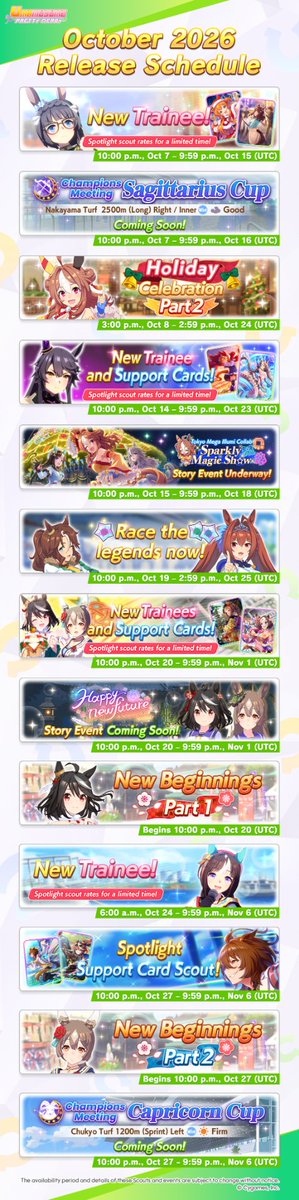 umamusume_eng's tweet photo. 📅 October's release schedule is here, Trainers! Here's what you can look forward to this month.

#Umamusume https://t.co/RXD3jNsNPt