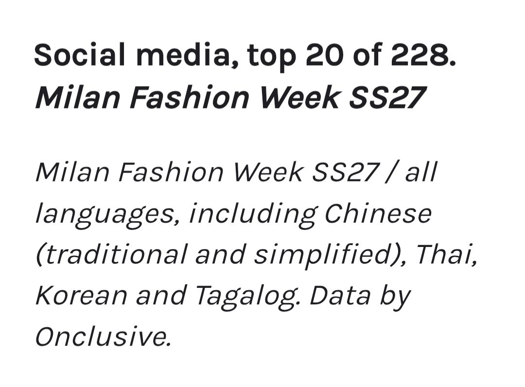 memorystarpsw's tweet photo. Social media - Top 20 of 228. Milan Fashion Week SS27

+ ParkSiwoo / 박시우 - Brand: MM6/ MARNI - Role: Fron row - Social SOV: 05.%.

According to Onclusive’s Social SOV ranking, Siwoo ranked #19 among 228 measured personalities at Milan Fashion Week SS27, with a 0.5% share of social media conversations.

—————

Bảng xếp hạng Social SOV của Onclusive cho biết tỷ trọng thảo luận trên mạng xã hội của mỗi người nổi tiếng trong Milan Fashion Week SS27. Siwoo xếp hạng #19 trong tổng số 228 nhân vật được đo lường, với 0,5% Social SOV.

Mạng xã hội - Top 20 trong tổng số 228 nhân vật Milan Fashion Week SS27.

+ ParkSiwoo / 박시우 - Brand: MM6/ MARNI - Vai trò: Ghế đầu - Tỷ trọng thảo luận trên mạng xã hội: 05.%.

————

Onclusive의 Social SOV 순위는 밀라노 패션 위크 SS27에서 각 유명 인사가 차지한 소셜 미디어 내 논의 비중을 보여줍니다. 시우는 측정 대상 228명 중 19위를 기록했으며, Social SOV 0.5%를 차지했습니다.

소셜 미디어 — 밀라노 패션 위크 SS27 전체 228명 중 Top 20

+ Park Siwoo / 박시우 - 브랜드: MM6 / MARNI - 역할: 프런트 로우(Front Row) - 소셜 미디어 논의 비중: 0.5%.

Source by: Onclusive

#ParkSiwoo 
#박시우