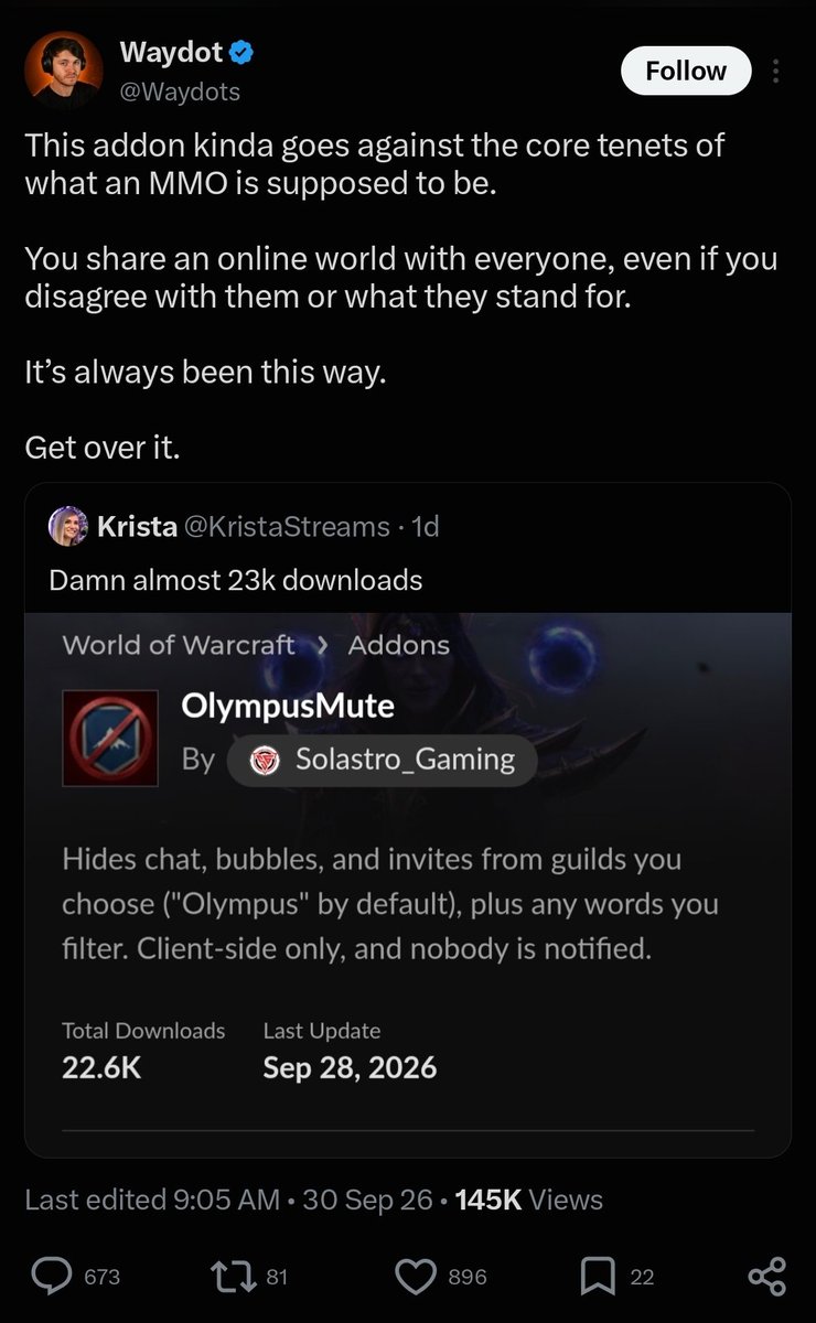 takhsick's tweet photo. So tired of you tourists speaking about shit you know nothing about. I understand your kind struggles with respecting consent but people are making the game actually unplayable by spamming chats with nonsense. Its not even game shit. It's just disruption for the sake of being disruptive. You are baiting reaction and bans. You are baiting impressions right now. Which is why I wont qrt you. You are the anti MMO culture actually!

I have been deep on the internet since 1998-2000. I watched your breeding grounds be born and stem from other places. I watched your kind evolve. These 20-30 year old men keep telling me... "this is how it used to be" and I simply have no idea what they are talking about. They segregated these freaks more back then. Moderated them. In fact it was much easier to get people banned/shut out back then than it is now. Most of them hid in places like Something Awful and small obscure forums because no one could stand them. Yet here they are claiming "We could always be disruptive POS humans". 

Darkwoke 2.0 is gonna send you fuckers into mass hysteria eventually and god it will be so fucking funny to witness