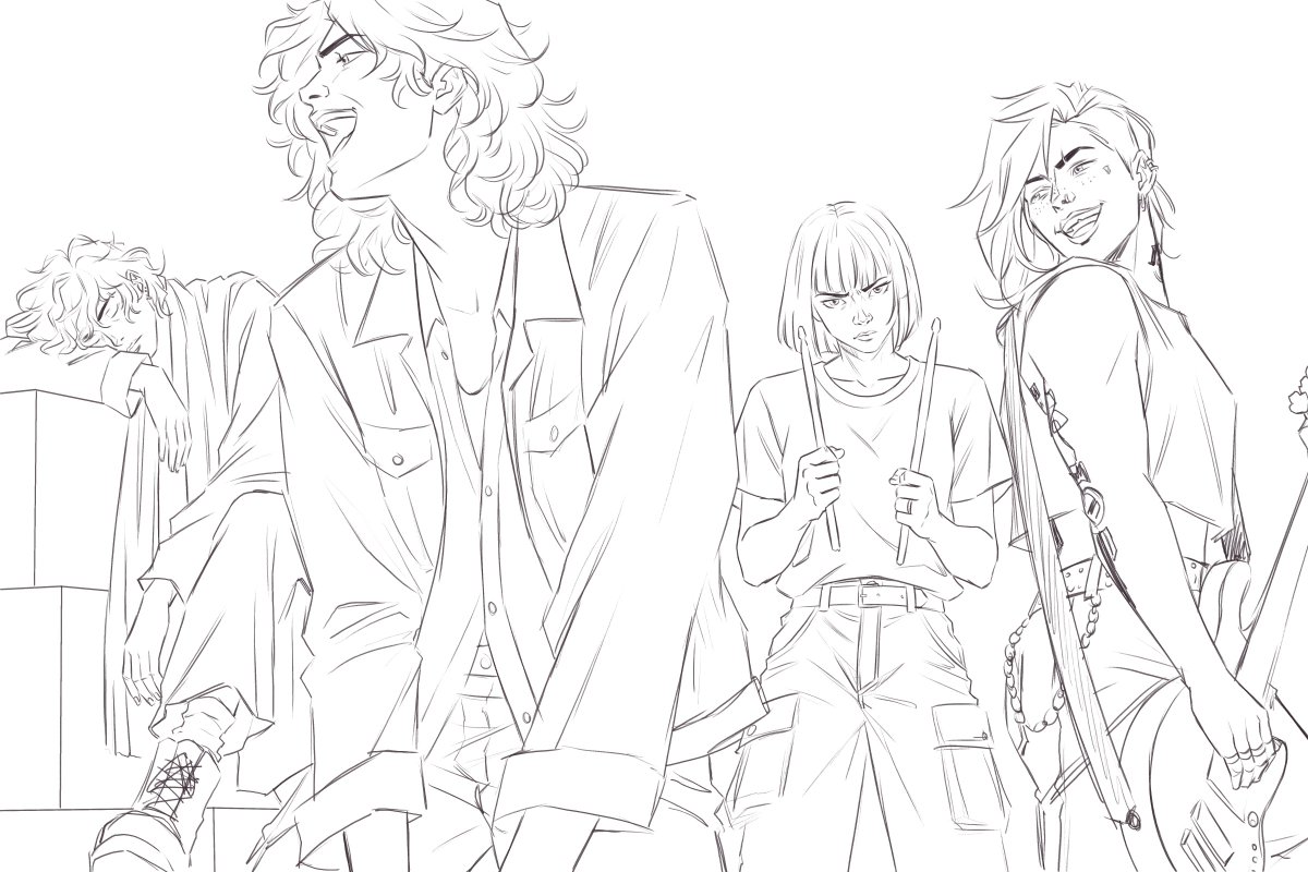 aicodraws's tweet photo. bassist vi + her band Sorry About the Carpet for the postcard fic hehe

wip https://t.co/n4eSwv3q8j