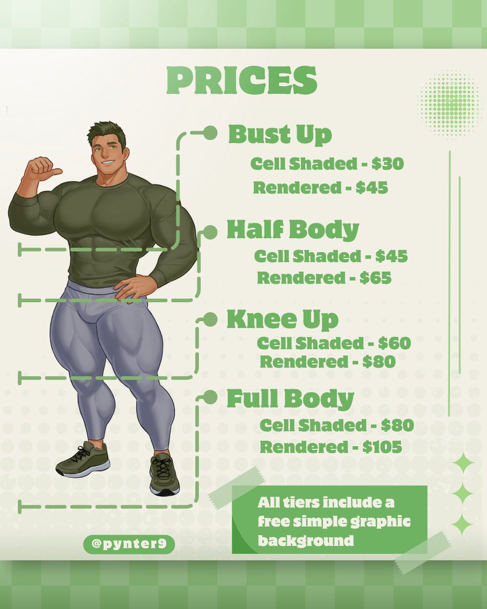 Pynter9art's tweet photo. Commissions are open again!
I have updated my price sheet with a few adjustments and added new options, including both Cel-Shaded and Fully Rendered tiers to fit different budgets.
Send me a DM to claim a slot! Thank you all so much for the support! https://t.co/pgvQoVnYMB