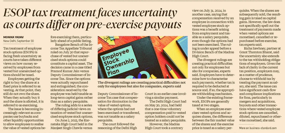 taxologyin's tweet photo. ESOP taxation is entering a grey zone as courts take different views on payouts for vested but unexercised options. 

The Bengaluru ITAT recently treated repurchase proceeds as long term capital gains, while Karnataka and Delhi High Courts had earlier rejected salary taxation in similar situations. The Madras High Court took the opposite view. 

With no specific statutory clarity, employees face uncertainty and employers face difficult TDS and compliance decisions.