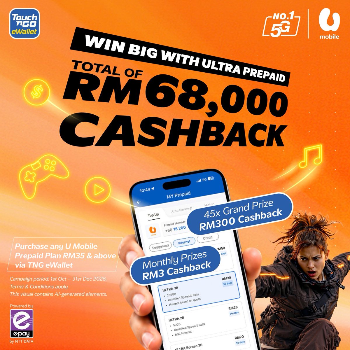 umobile's tweet photo. Top up, cashback, repeat. 👀💰

Purchase any U Mobile Prepaid plan RM35 &amp; above via TNG eWallet and stand a chance to win a share of RM65k cashback!

Find out more at https://t.co/Hhko6nY2xV https://t.co/UBDhMCGRsR
