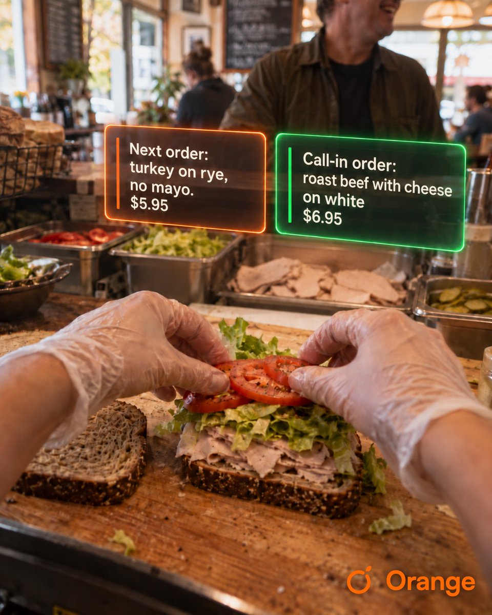 OrangeVisionCo's tweet photo. From a deli counter in Prescott, Arizona, the owner just wore AI AR camera glasses while she made sandwiches and talked to her regulars. No crew, no script.

AI AR Smart glasses are already good at showing the world what you see. The harder part is showing you something useful back. Using Orange AI AR Smart glasses, the owner is handling a customer order, while an AI Agent is taking a call in order.

That's the important half Orange is solving: AI AR smart glasses with full-HD micro-displays designed for up to 5,000 nits. Usable both indoors and outdoors. The owner can see her customer, as well as the screen display, when standing outside of her store handing over the to go order.