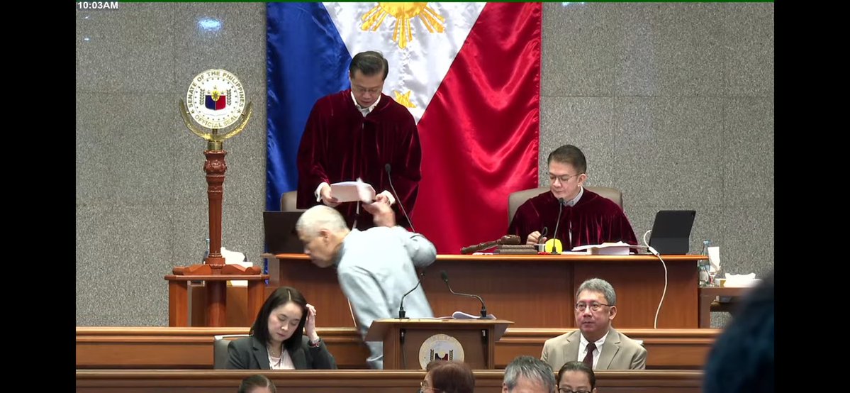 fs_abalos's tweet photo. NOW: Senate President Sherwin T. Gatchalian has called to order the 32nd day of the impeachment trial of Vice-President Sara Duterte-Carpio.

Thirteen senator-judges are present for today’s hearing.

The Prosecution  will be presenting two provincial officials to testify on the properties of Ms. Duterte’s husband, Manases R. Carpio.

Starting today, Oct. 1, impeachment proceedings will be held the whole day, beginning at 10:00 AM until 6:30 PM. | @bworldph