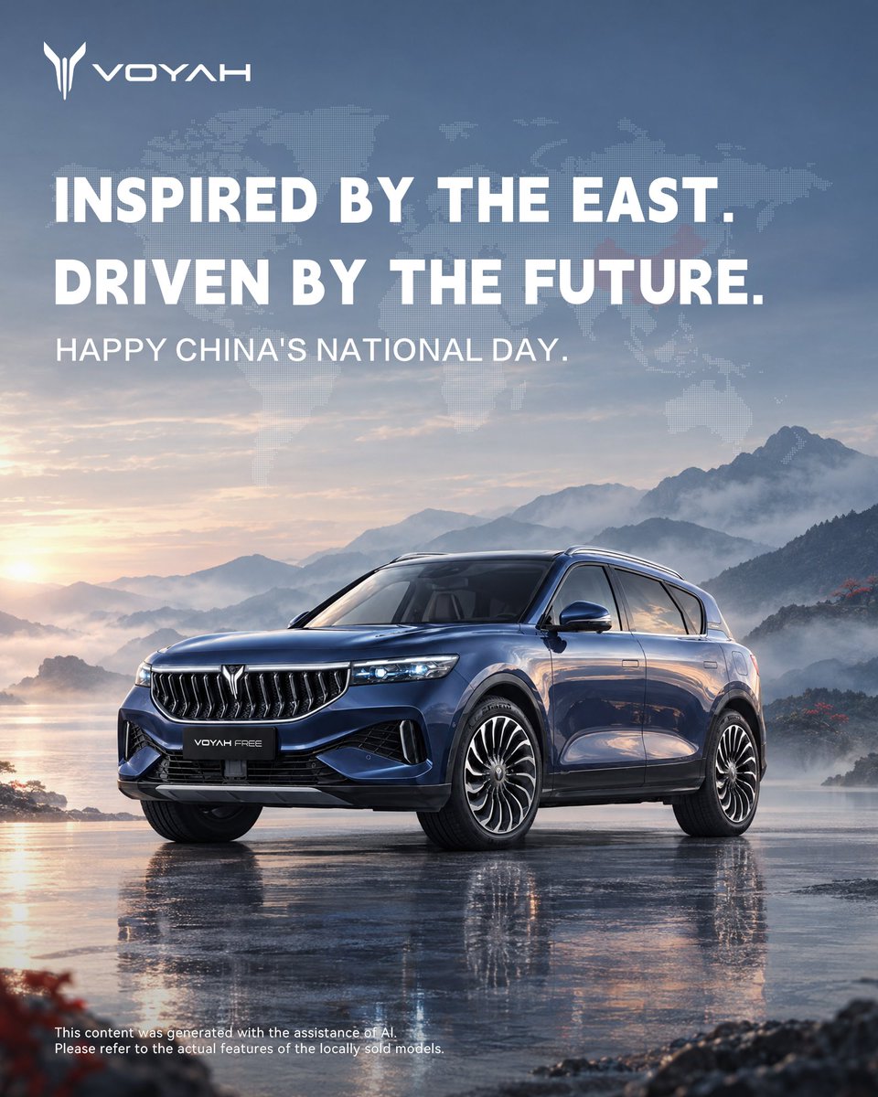 VOYAH_Motor's tweet photo. Inspired by the East. Driven by the future.
Celebrating 77 years of China and the spirit of innovation that opens new possibilities.
Happy National Day! 🇨🇳
#VOYAH #FreedomToExplore #ChineseNationalDay https://t.co/tu7s3wOj8M