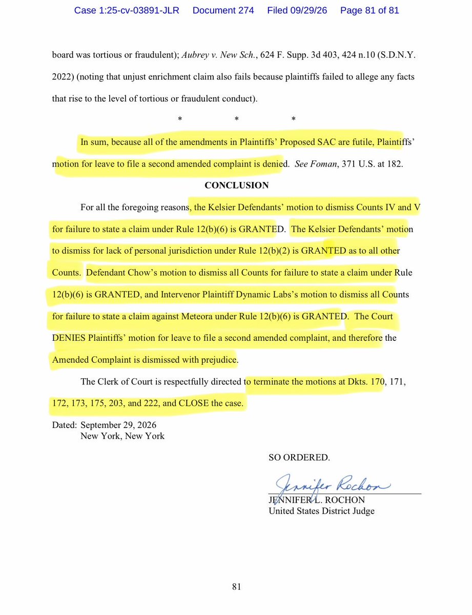 GivnerAriel's tweet photo. 🚨 Hayden Davis, Ben Chow, Kelsier, and Meteora just beat the $LIBRA / $M3M3 class action.

Not after a trial. After an 81-page opinion.

Judge Rochon dismissed the ENTIRE case with prejudice. You cannot RICO a six-month memecoin launch. You cannot sue a Solana DEX as if it were a partnership. And “Milei posted it” is not a fraud claim against the guy who built the liquidity pool.

This was the SDNY class action over the December 2024 $M3M3 launch and the February 2025 $LIBRA token - the one tied to Javier Milei’s “Viva La Libertad” post. Plaintiffs also tried to pull in $MELANIA and other launches in a proposed second amended complaint.

The story in the complaint if you can recall, is cinematic. Insiders allegedly freeze the pool, fill wallets before the public can buy, inflate the cap, dump, and leave retail with a 90% crash. One named plaintiff lost about $19,000 on $M3M3. The other bought $LIBRA on launch day.

The court never decided whether that happened.

It decided plaintiffs sued the wrong thing, under the wrong statute, with the wrong facts.

Meteora is not a defendant. 

Dynamic Labs intervened and said Meteora is software. The court agreed plaintiffs never pleaded a real unincorporated association - no identified members, no president or treasurer, no mutual consent to a common objective. Calling a protocol a “team” does not make it suable. 

All claims against Meteora are gone.

RICO is gone. 

Closed-ended continuity needs a substantial period. Six months of token launches is not enough. Adding $MELANIA / $ENRON / $TRUST in the proposed amendment stretched it to about seven. Still not enough. Open-ended continuity also fails: Meteora and Kelsier are alleged as primarily legitimate businesses, and wire fraud is not inherently a criminal way of life. No pattern, no RICO, no RICO conspiracy.

Fraud against Chow is gone. Rule 9(b) scienter. Profit is not motive. A post-crash “I f*cked up because I enabled the guy” is not a strong inference he intended to defraud buyers on day one. 

Conspiracy dies with the underlying tort.

Kelsier is gone on jurisdiction. Once RICO drops, there is no nationwide service hook, and New York long-arm does not reach the Davis family on these facts.

Leave to amend: denied as futile. Case closed.

The takeaway is not “memecoins are legal.” The takeaway is that a viral launch plus a famous tweet is still not a RICO enterprise, and you cannot name the smart contracts as Defendant No. 5.
