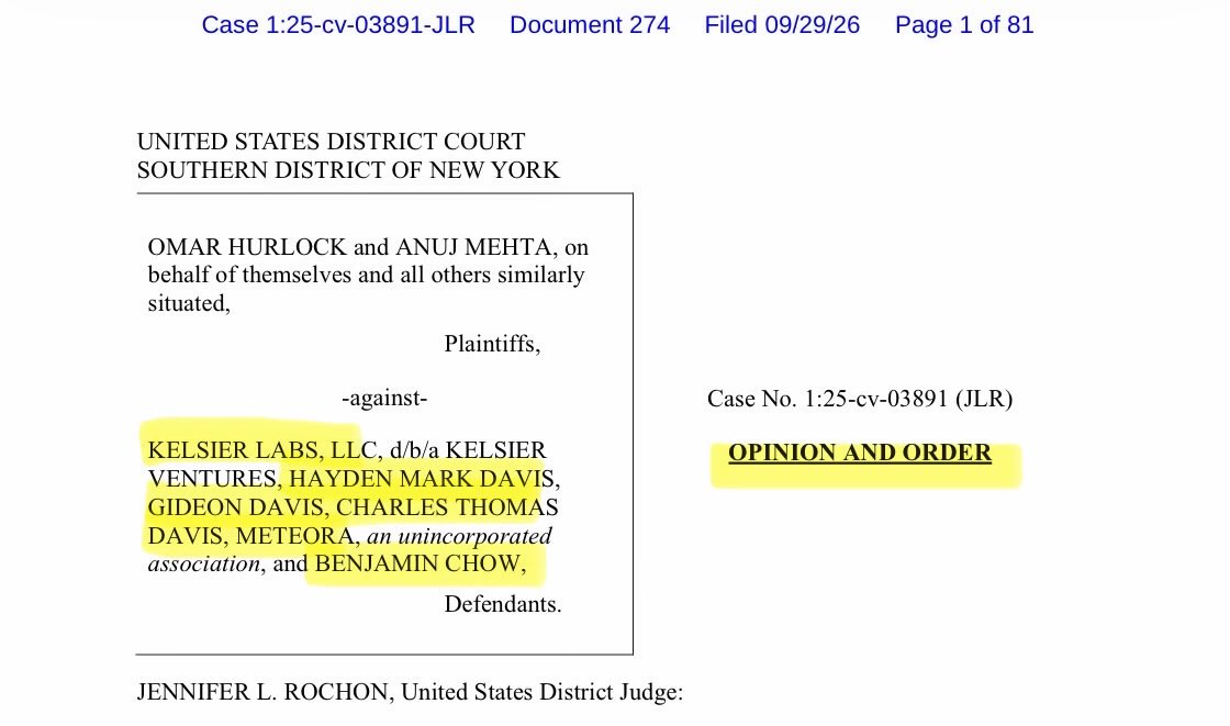 GivnerAriel's tweet photo. 🚨 Hayden Davis, Ben Chow, Kelsier, and Meteora just beat the $LIBRA / $M3M3 class action.

Not after a trial. After an 81-page opinion.

Judge Rochon dismissed the ENTIRE case with prejudice. You cannot RICO a six-month memecoin launch. You cannot sue a Solana DEX as if it were a partnership. And “Milei posted it” is not a fraud claim against the guy who built the liquidity pool.

This was the SDNY class action over the December 2024 $M3M3 launch and the February 2025 $LIBRA token - the one tied to Javier Milei’s “Viva La Libertad” post. Plaintiffs also tried to pull in $MELANIA and other launches in a proposed second amended complaint.

The story in the complaint if you can recall, is cinematic. Insiders allegedly freeze the pool, fill wallets before the public can buy, inflate the cap, dump, and leave retail with a 90% crash. One named plaintiff lost about $19,000 on $M3M3. The other bought $LIBRA on launch day.

The court never decided whether that happened.

It decided plaintiffs sued the wrong thing, under the wrong statute, with the wrong facts.

Meteora is not a defendant. 

Dynamic Labs intervened and said Meteora is software. The court agreed plaintiffs never pleaded a real unincorporated association - no identified members, no president or treasurer, no mutual consent to a common objective. Calling a protocol a “team” does not make it suable. 

All claims against Meteora are gone.

RICO is gone. 

Closed-ended continuity needs a substantial period. Six months of token launches is not enough. Adding $MELANIA / $ENRON / $TRUST in the proposed amendment stretched it to about seven. Still not enough. Open-ended continuity also fails: Meteora and Kelsier are alleged as primarily legitimate businesses, and wire fraud is not inherently a criminal way of life. No pattern, no RICO, no RICO conspiracy.

Fraud against Chow is gone. Rule 9(b) scienter. Profit is not motive. A post-crash “I f*cked up because I enabled the guy” is not a strong inference he intended to defraud buyers on day one. 

Conspiracy dies with the underlying tort.

Kelsier is gone on jurisdiction. Once RICO drops, there is no nationwide service hook, and New York long-arm does not reach the Davis family on these facts.

Leave to amend: denied as futile. Case closed.

The takeaway is not “memecoins are legal.” The takeaway is that a viral launch plus a famous tweet is still not a RICO enterprise, and you cannot name the smart contracts as Defendant No. 5.