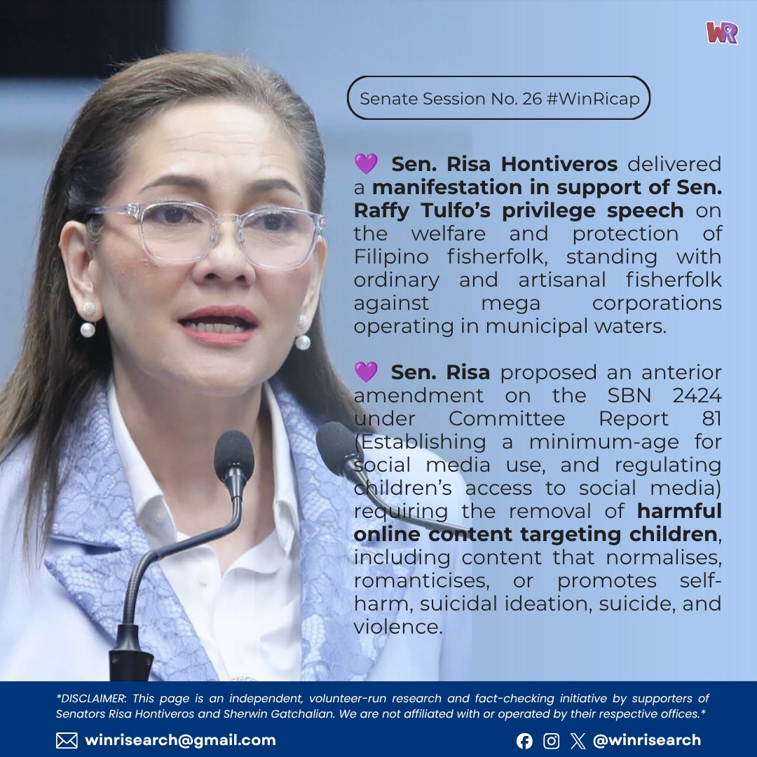 WinRisearch's tweet photo. Senate Session No. 26 #WinRicap

Find out what WinRi did at the plenary yesterday. The Senate’s Mowm & Dawd kept the floor in check. 💜❤️

Other notable highlights:
❤️ SP nag-crave ng empanada
💜❤️ SP nagbigay rin ng malakas na tulak sa Batang Ligtas Act

#WinRi #RisaNa2028 (1/2)