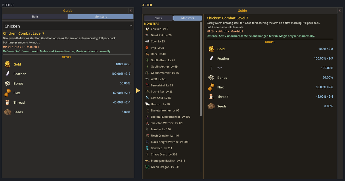 RuneClick's tweet photo. the monster page in the guide, before and after 3.0 #gamedev #indiedev https://t.co/oQlLozwSdL