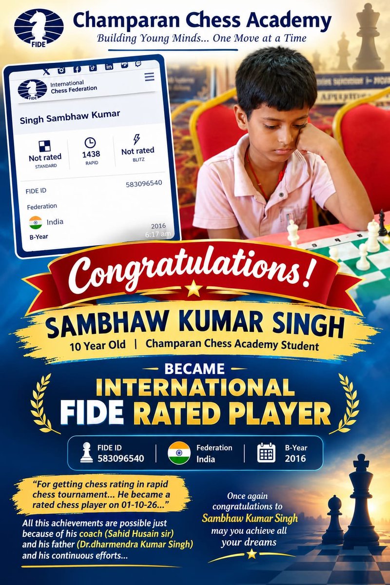 Shahid_husain04's tweet photo. ♟️ A Proud New Rating Achievement! 🏆
We are delighted to share that 10-year-old Sambhav Kumar Singh, a talented student of Champaran Chess Academy
#ChamparanChessAcademy #AdmissionsOpen #ChessAcademy #SambhavKumarSingh #FIDERating #ChessAchievement https://t.co/hugTGNHKwM