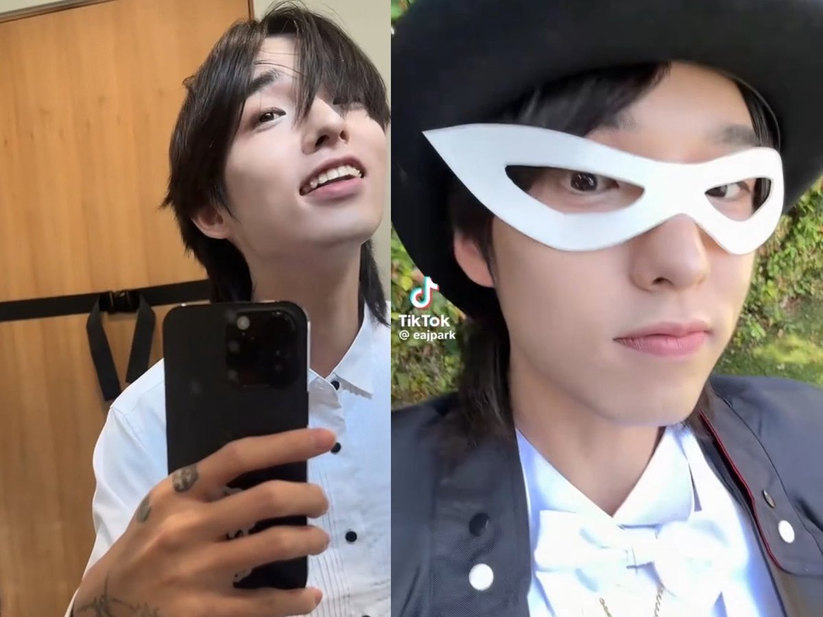 A split image shows a young person with dark hair: on the left, they are holding a smartphone and smiling, and on the right, they are wearing a black hat, white mask, and dark jacket, with a TikTok watermark '@eajpark' visible.