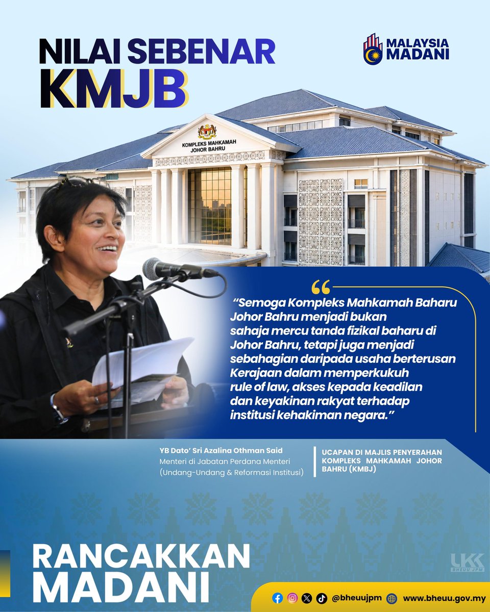 bheuu_jpm's tweet photo. Rangkuman Teks Ucapan YB Menteri di Jabatan Perdana Menteri (Undang-Undang dan Reformasi Institusi) Sempena Majlis Penyerahan Projek Siap Pembinaan Kompleks Mahkamah Baharu Johor Bahru (KMJB).

Pautan Facebook:  https://t.co/lQcMMRRdJo https://t.co/F9vF7GVww9