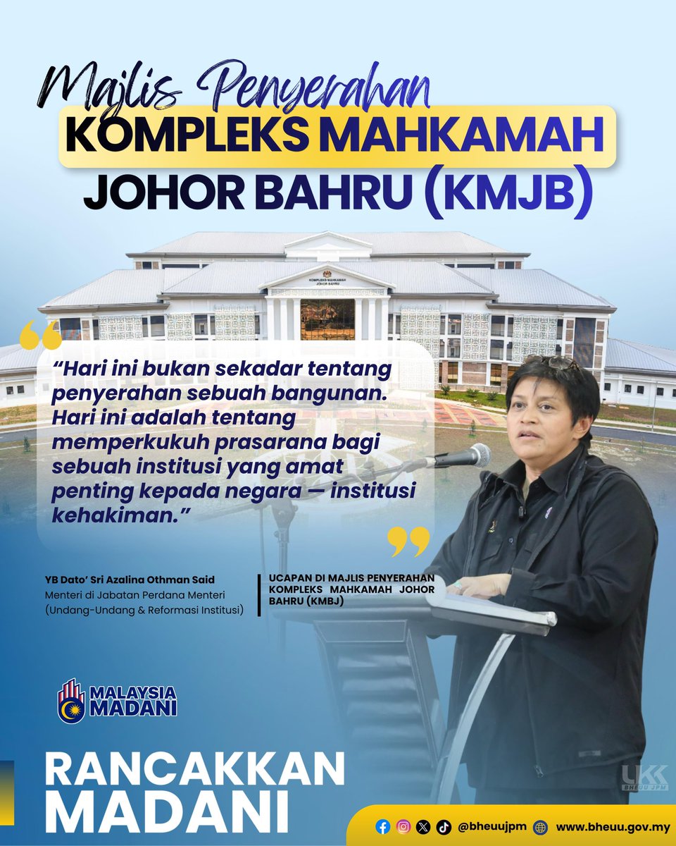 bheuu_jpm's tweet photo. Rangkuman Teks Ucapan YB Menteri di Jabatan Perdana Menteri (Undang-Undang dan Reformasi Institusi) Sempena Majlis Penyerahan Projek Siap Pembinaan Kompleks Mahkamah Baharu Johor Bahru (KMJB).

Pautan Facebook:  https://t.co/lQcMMRRdJo https://t.co/F9vF7GVww9