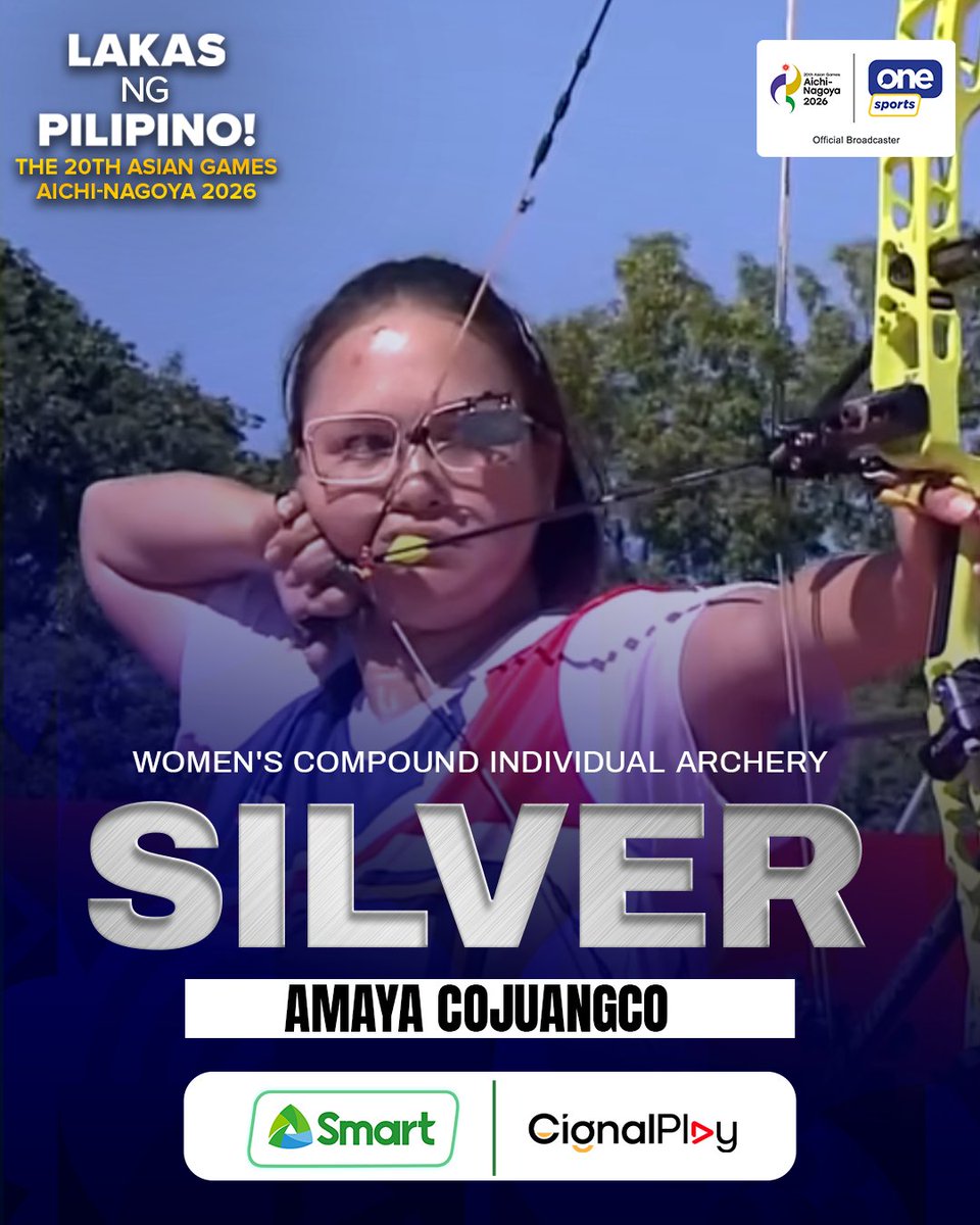 OneSportsPHL's tweet photo. AIMING HIGH, MAKING HISTORY 🥈🏹

Amaya Amparo Cojuangco secures a historic silver medal in the women’s compound individual event, delivering the Philippines’ first Asian Games medal in the discipline since the 2014 bronze. The landmark podium finish comes with Cojuangco’s historic first-ever finals berth for the country in the event.

Cignal is the official broadcaster of the 20th Asian Games Aichi-Nagoya 2026.

📺 Catch all the Asian Games action on Cignal Play, the One Sports YouTube channel, and other Cignal platforms from September 10 to October 4. 🇵🇭🔥

#AichiNagoya2026 #20thAsianGames #LakasNgPilipino