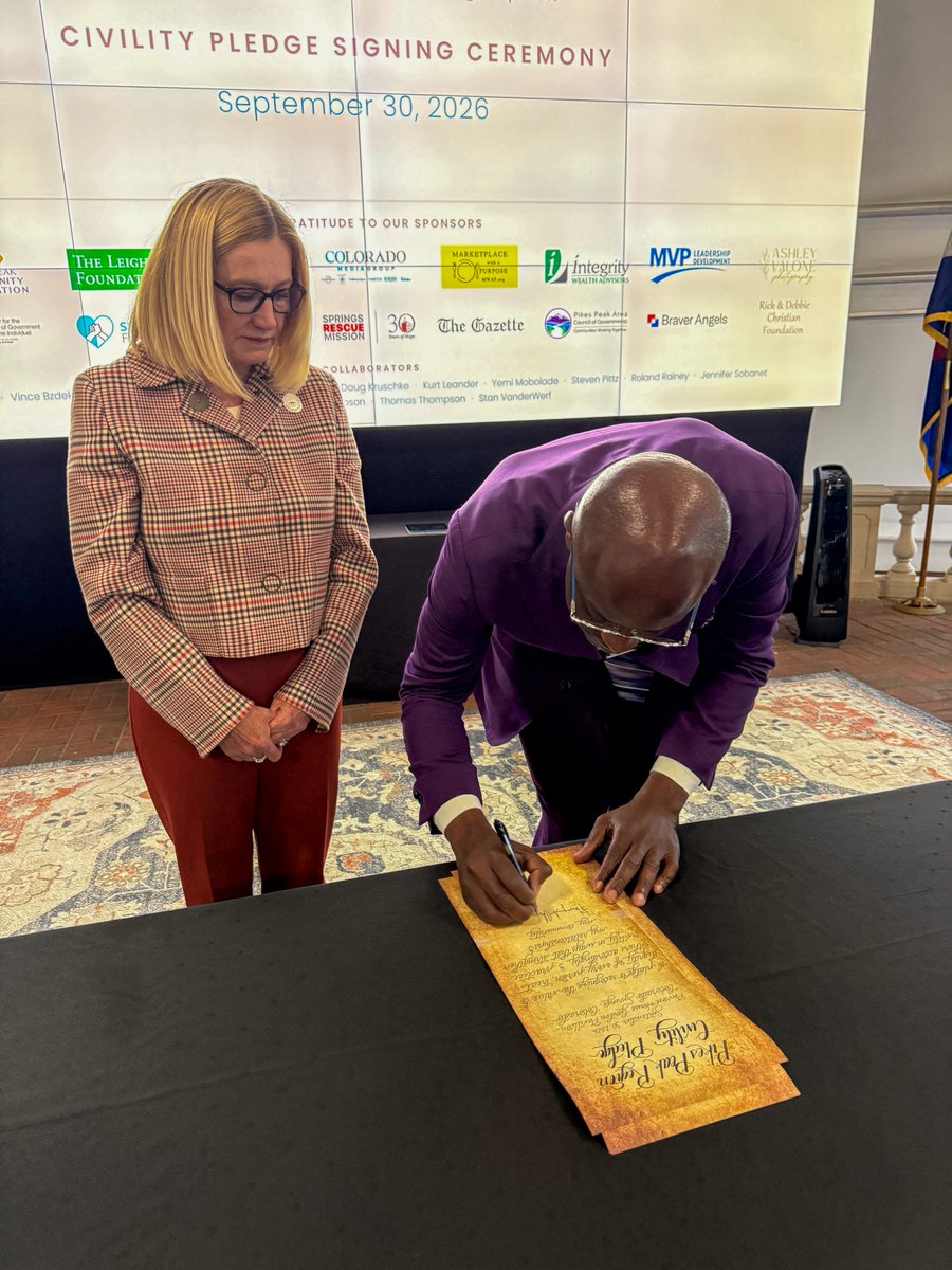 MayorofCOS's tweet photo. Tonight, I proudly signed my name to a pledge to Reclaim Civility in @cityofcos.
 
By signing this document, I am making a public commitment for how I will show up, especially when disagreement is hard. And it is an ask to hold me accountable to that commitment. 
 
Civility does not mean avoiding disagreement or surrendering our convictions. It means having the discipline to disagree without dishonoring one another and to remember that the person across from us is still our neighbor.
 
Strong disagreement and strong community can coexist. In fact, that is part of our American history and our American way. Civility will not be reclaimed by a document alone, but by how we speak, how we listen, and how we treat one another when the conversation gets hard.
 
Let’s choose curiosity over contempt, relationship over ridicule, and always remember: We are neighbors.