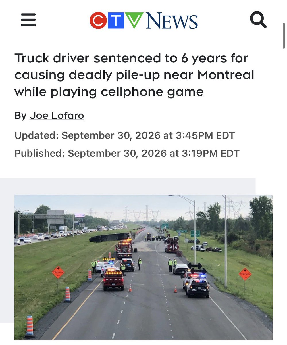 CelticAshes's tweet photo. Ontario truck driver Baljeet Singh has been sentenced to six years in prison for a deadly July 2022 pileup on Highway 30 near Brossard, Quebec.

Singh was playing an online game on his cellphone instead of watching the road as he entered a construction zone.

The crash killed Nancy Lefrançois, 42, and her 11-year-old son, Loïc Chevalier, and injured 10 others.

Singh later fled to India and then California before his arrest and extradition in 2025. With credit for time served, he has roughly four years and four months remaining. He was also banned from driving for 10 years.