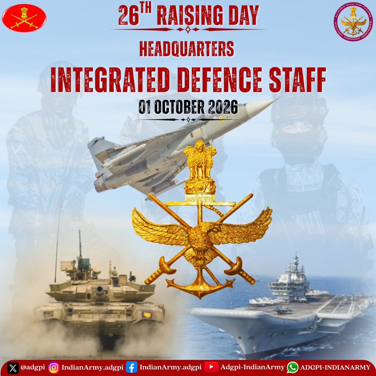 adgpi's tweet photo. #GeneralDhirajSeth, #COAS and All Ranks of #IndianArmy convey best wishes to All Ranks of 
Headquarters Integrated Defence Staff on the occasion of 26th #RaisingDay. 

@HQ_IDS_India https://t.co/CuUbKjazhL