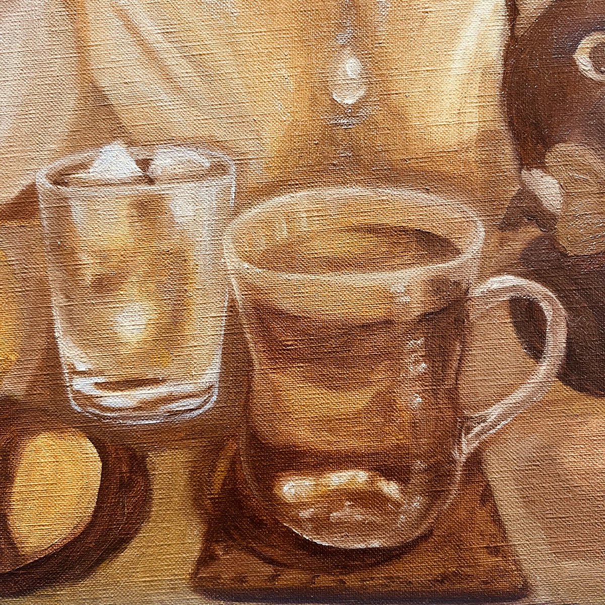 RieMs_Art's tweet photo. ガラス製のグラス🥃✨
お茶が美味しそうに見えるように🖌️
ガラスの質感が伝わるように🎨

制作に時間がかかってしまっていますが💦
丁寧に描きながらもここからスピードアップして制作します😊

#riems_art 
#油絵 
#すえひろ酒場お茶め https://t.co/5TbYBBicX7