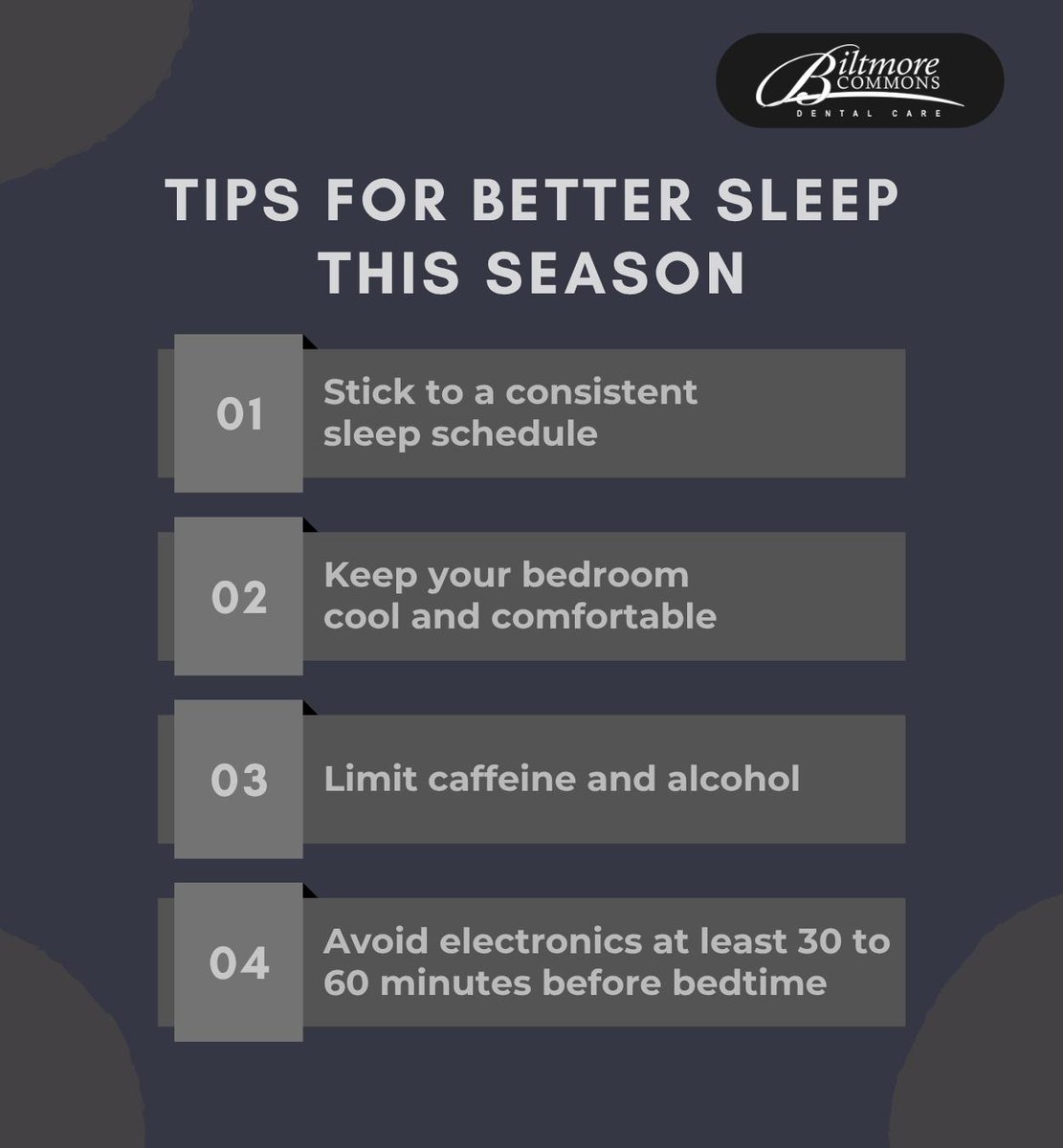 Biltmore_Dental's tweet photo. If you're looking to improve your sleep, incorporating these tips might help. Remember to eat a balanced diet and stay physically active to support energy levels and better sleep.
#sleephealth #bettersleep #sleephygiene #BiltmoreCommonsDentalCare #Phoenix #AZ https://t.co/AHpTkAGWYY