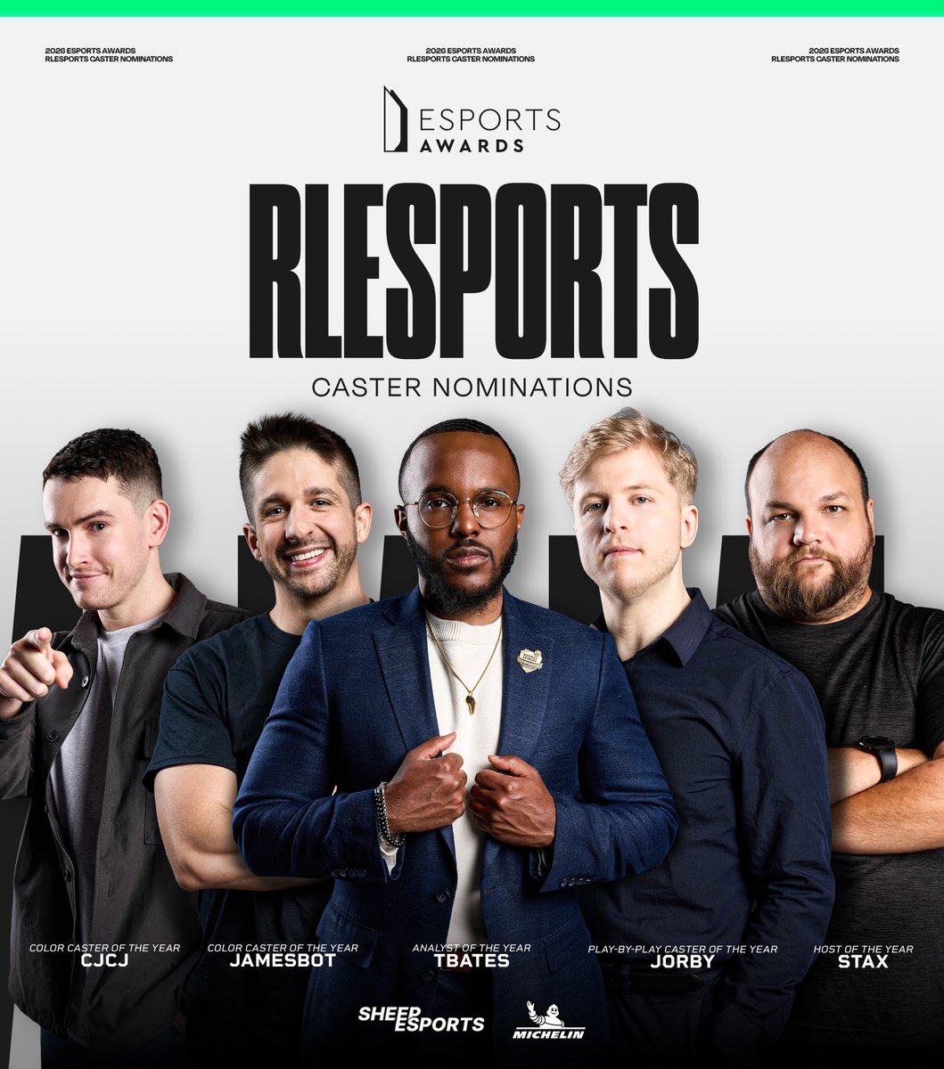 SheepRLE's tweet photo. FIVE different Rocket League casters have been nominated for an #EsportsAwards category!

🇦🇺 @CJCJ_RL 
🇺🇸 @GoJamesbotGo 
🇺🇸 @T3Bates 
🇺🇸 @JorbyPls 
🇺🇸 @StaxRL 

@Michelin | #RLCS https://t.co/3Qh4SOf79I