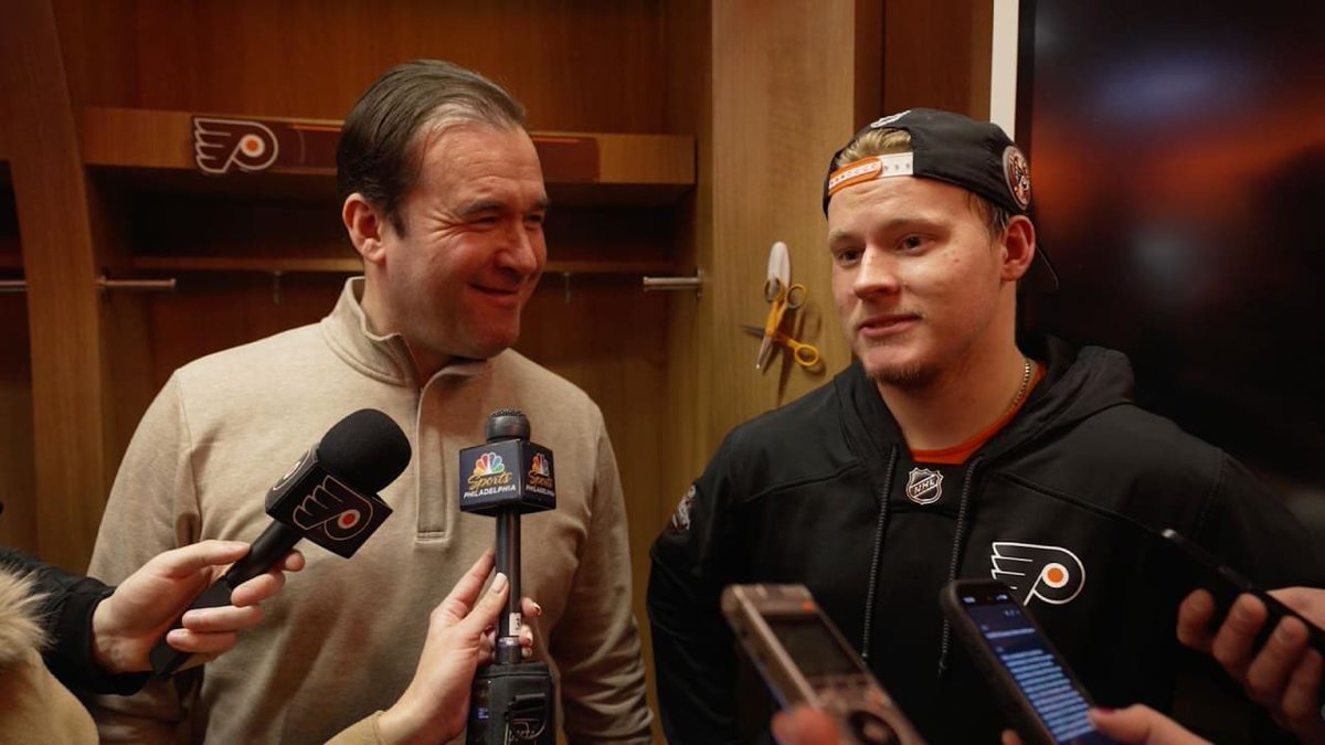 LaheyHNIC's tweet photo. Matvei Michkov on the #LetsGoFlyers 7-0 opening night loss postgame

“Yeah Rick (Tocchet) came to camp out of shape”

TNT https://t.co/XBFthpMs3S