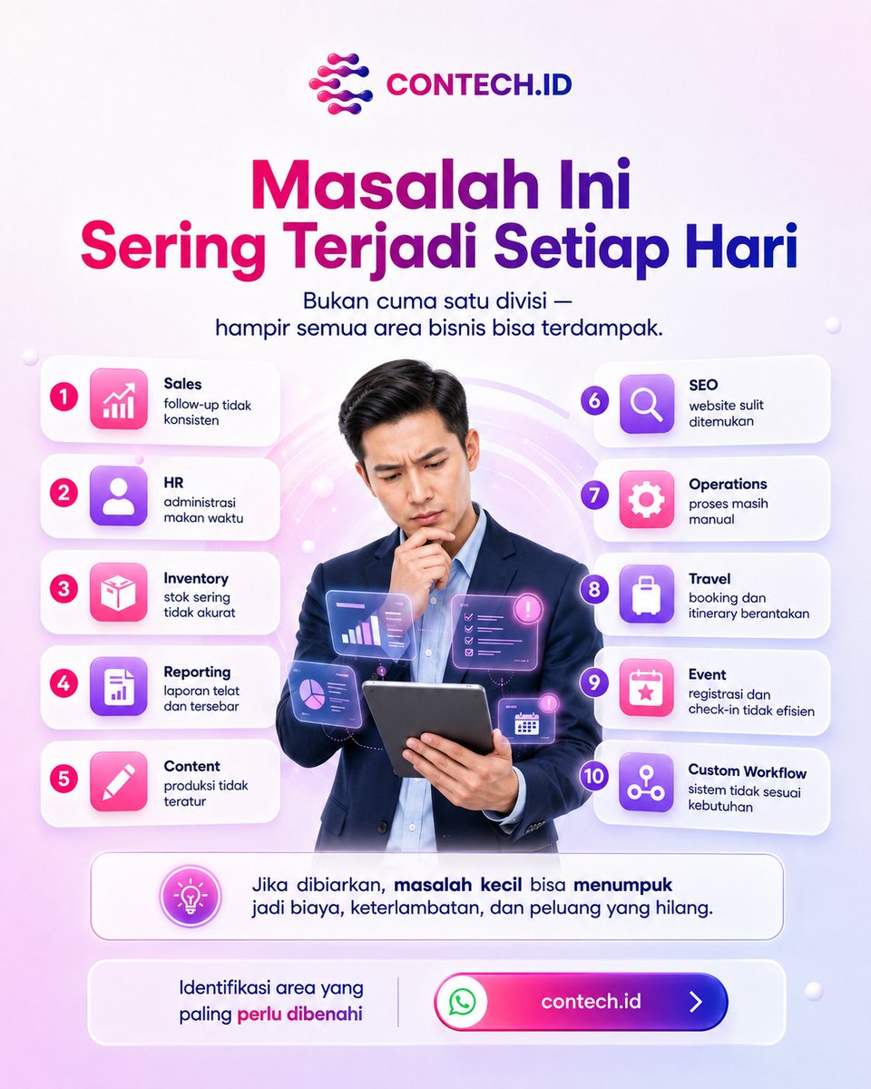 contechofficial's tweet photo. 30 Days. 10 Business Problems. ๐
Sales, HR, inventory, SEO, operations & more.
Punya masalah yang sama?
Letโs solve it. ๐
๐ฒ 087730309409 โข 082258289996 โข 082120282823
๐ https://t.co/1zwQr4rTEp
#ContechID https://t.co/gOFtLMxUIq