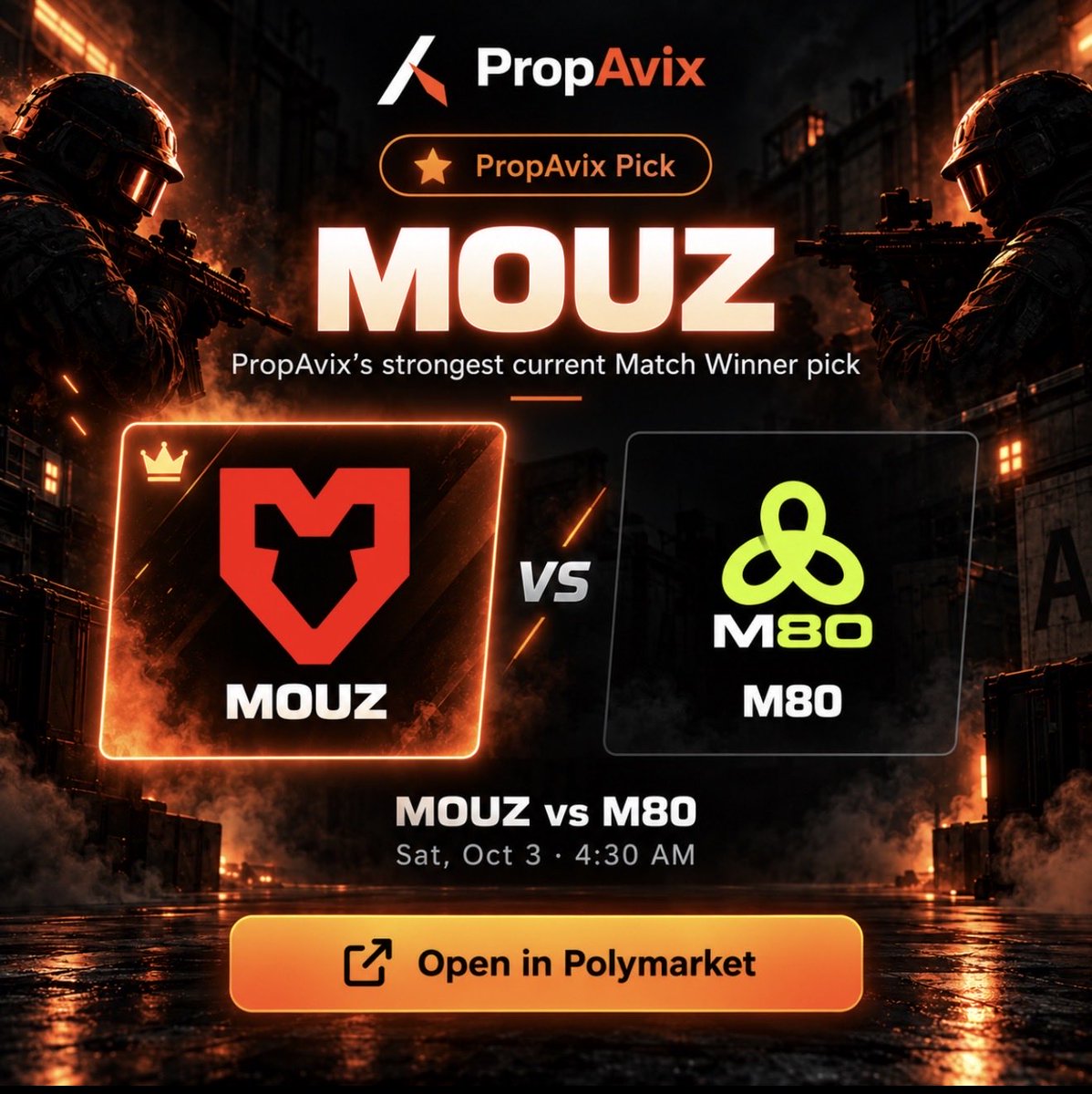 PropAvix's tweet photo. PropAvix Pick 🎯
MOUZ ML — 2 Units

Our strongest current Match Winner play is on MOUZ.

PropAvix: https://t.co/gXpQuyGNU7
Polymarket: https://t.co/iS8NvuN7JJ

#CS2 #EsportsBetting #Polymarket https://t.co/CSfHWRWACt