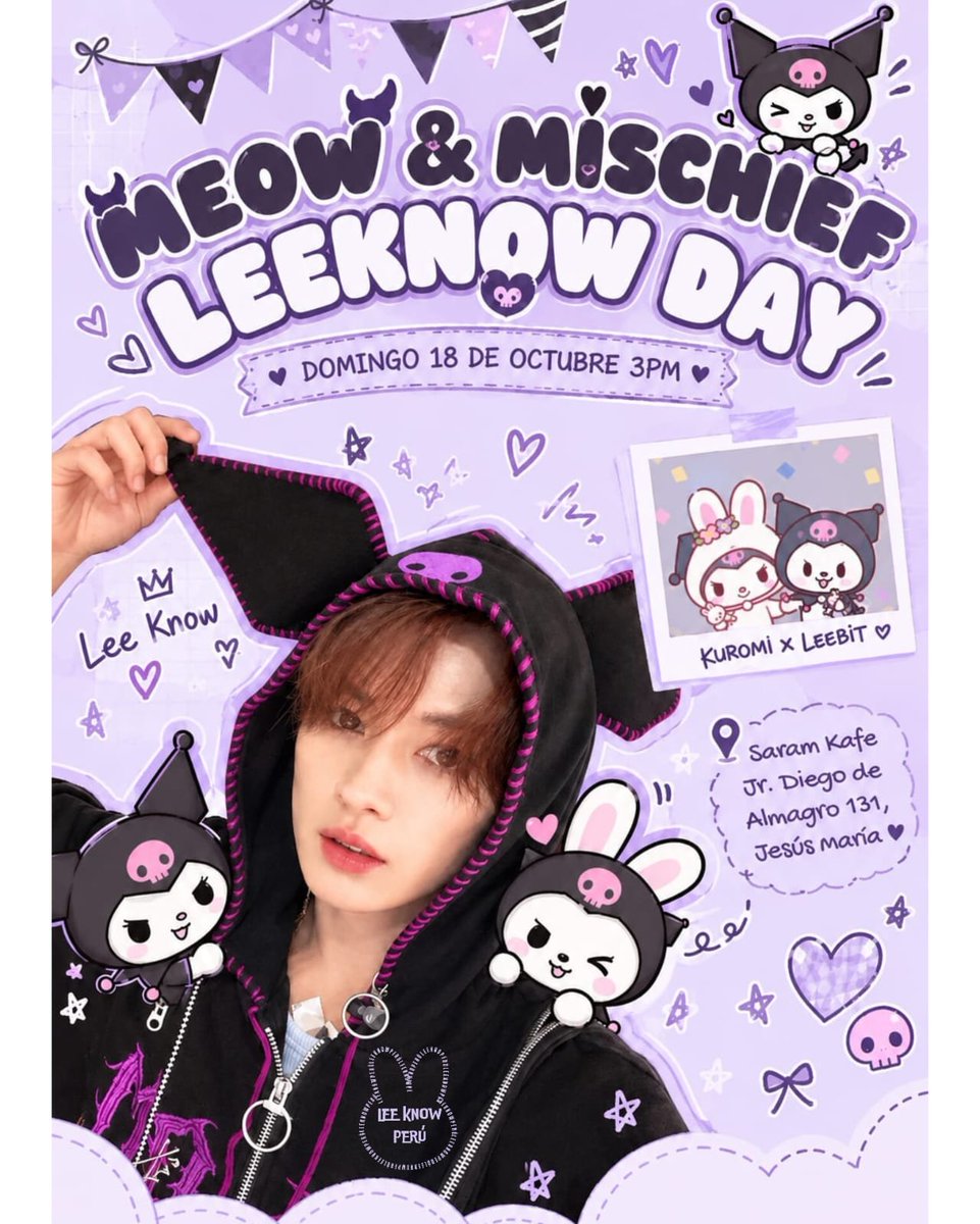 StrayKidsPeru_'s tweet photo. 🖤💜 Meow &amp; Mischief — Lee Know Day 🖤💜 🐰🎀

¡Stay! prepárate para disfrutar una tarde llena de café, dulces, snacks y mucha diversión inspirada en #LeeKnow y #Kuromi 🐱🖤

📅 Domingo 18/10 a las 3pm
☕ Cafetería: Saram Kafe 

Confirma tu asistencia  💗
https://t.co/BniRHqDTrP https://t.co/WQ8CTQi6yV