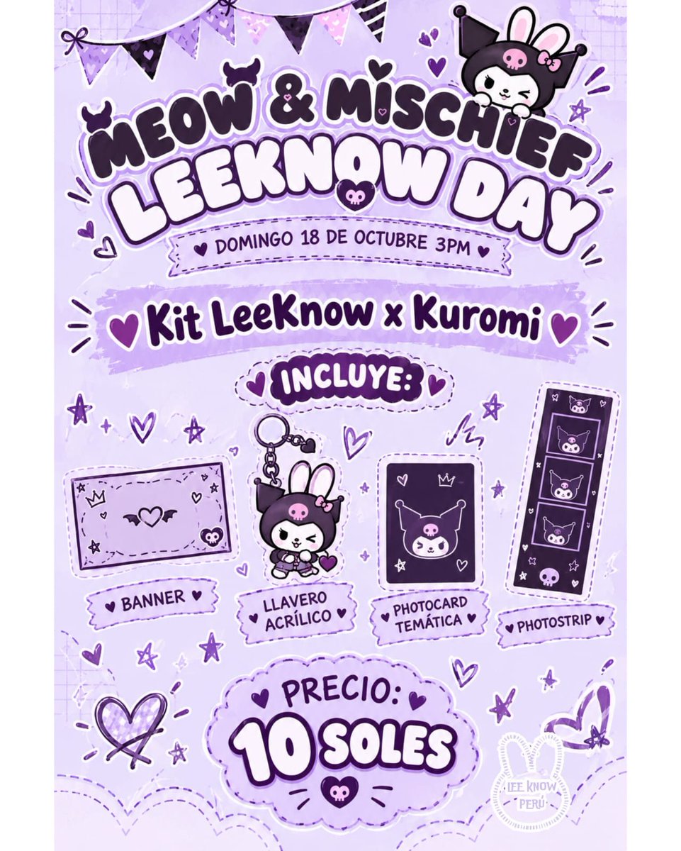 StrayKidsPeru_'s tweet photo. 🖤💜 Meow &amp; Mischief — Lee Know Day 🖤💜 🐰🎀

¡Stay! prepárate para disfrutar una tarde llena de café, dulces, snacks y mucha diversión inspirada en #LeeKnow y #Kuromi 🐱🖤

📅 Domingo 18/10 a las 3pm
☕ Cafetería: Saram Kafe 

Confirma tu asistencia  💗
https://t.co/BniRHqDTrP https://t.co/WQ8CTQi6yV