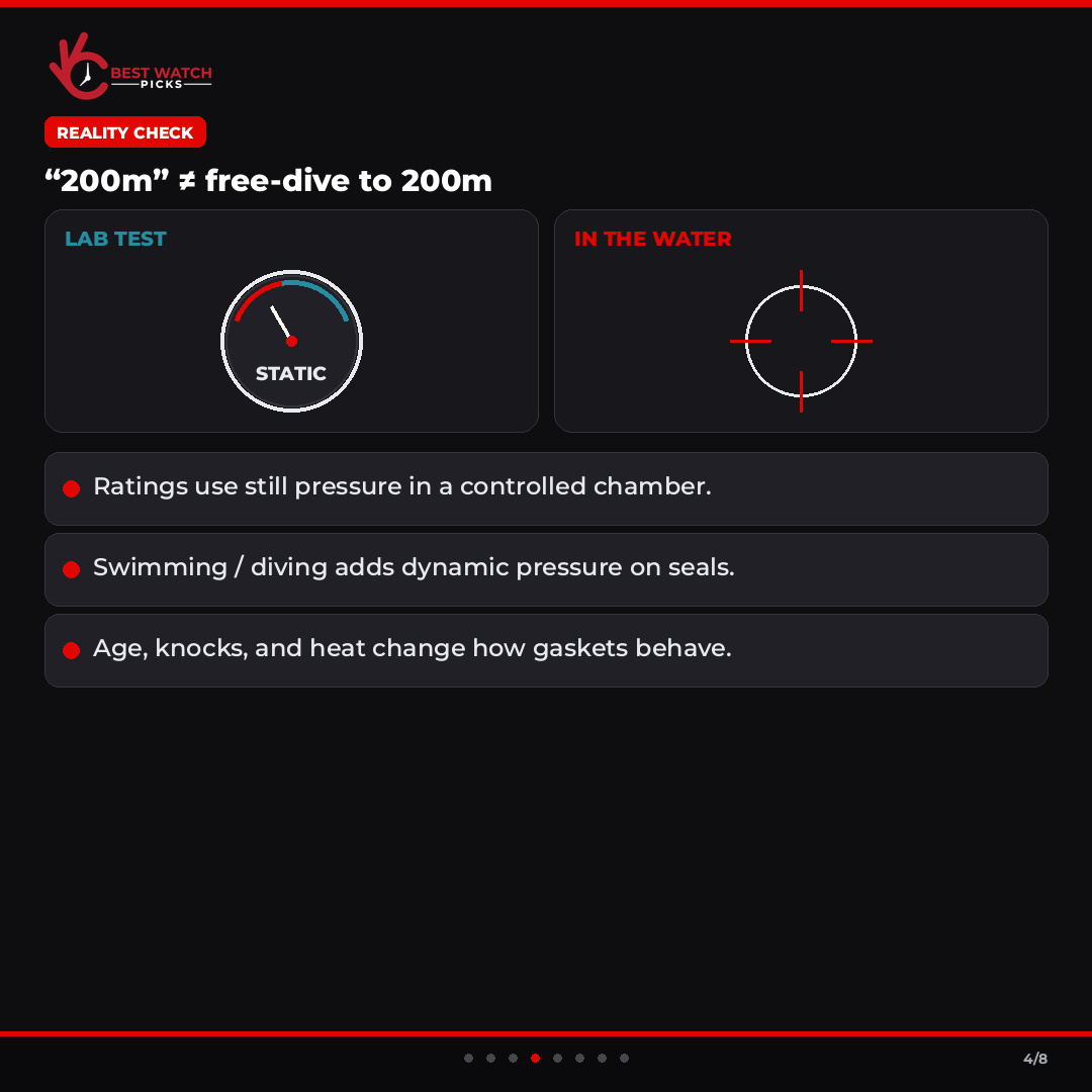 bestwatchpicks's tweet photo. Dial Decoded: water resistance — ATM vs meters.

1 ATM ≈ 10m ≈ 1 bar (a pressure conversion, not a dive depth). What the numbers mean + why “200m” isn’t free-diving to 200m.

https://t.co/3xnocJy8aZ https://t.co/MNdetb0mQG