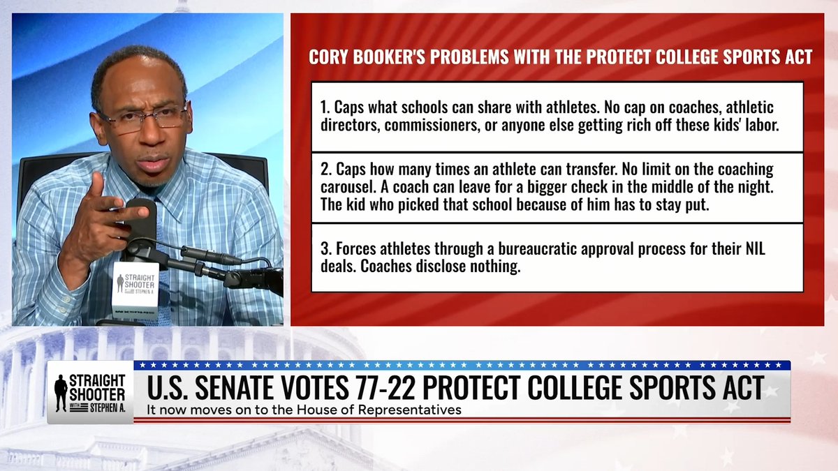 Stephen A. Smith's "Straight Shooter" podcast displays "Cory Booker's Problems with the Protect College Sports Act," outlining three critiques of the legislation, alongside a chyron reading "U.S. Senate Votes 77-22 Protect College Sports Act — It now moves on to the House of Representatives." The graphic supports the post's commentary on Booker's analysis of the bill and its impact on college sports.
