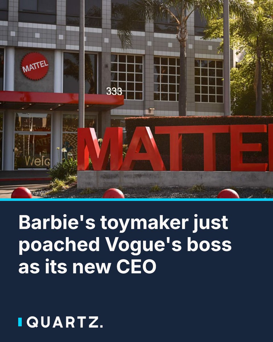 qz's tweet photo. Barbie's toymaker just poached Vogue's boss as its new CEO

Mattel is handing the keys to Roger Lynch, the media exec who steered Condé Nast through a brutal digital transition — a surprising pick for a toy giant looking to build on the Barbie-era 

#Mattel #RogerLynch #CondeNast https://t.co/H2CPJWr6oE