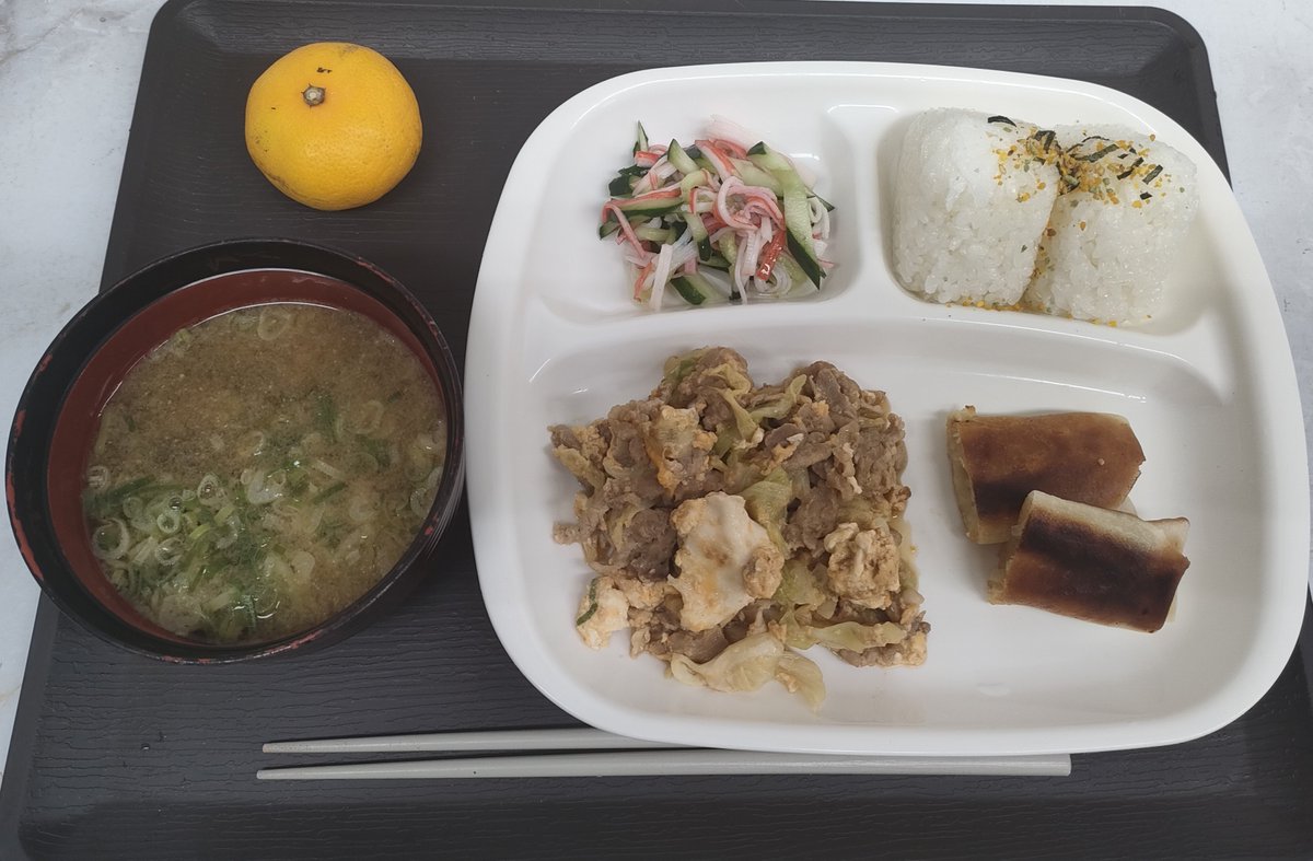 sagyousho1011's tweet photo. 本日は豚肉とキャベツの中華炒め、春巻き、カニカマきゅうりの酢の物、とろろお味噌汁、みかんです❗️
いただきまーす🥢✨️ https://t.co/2Go10gFyRx